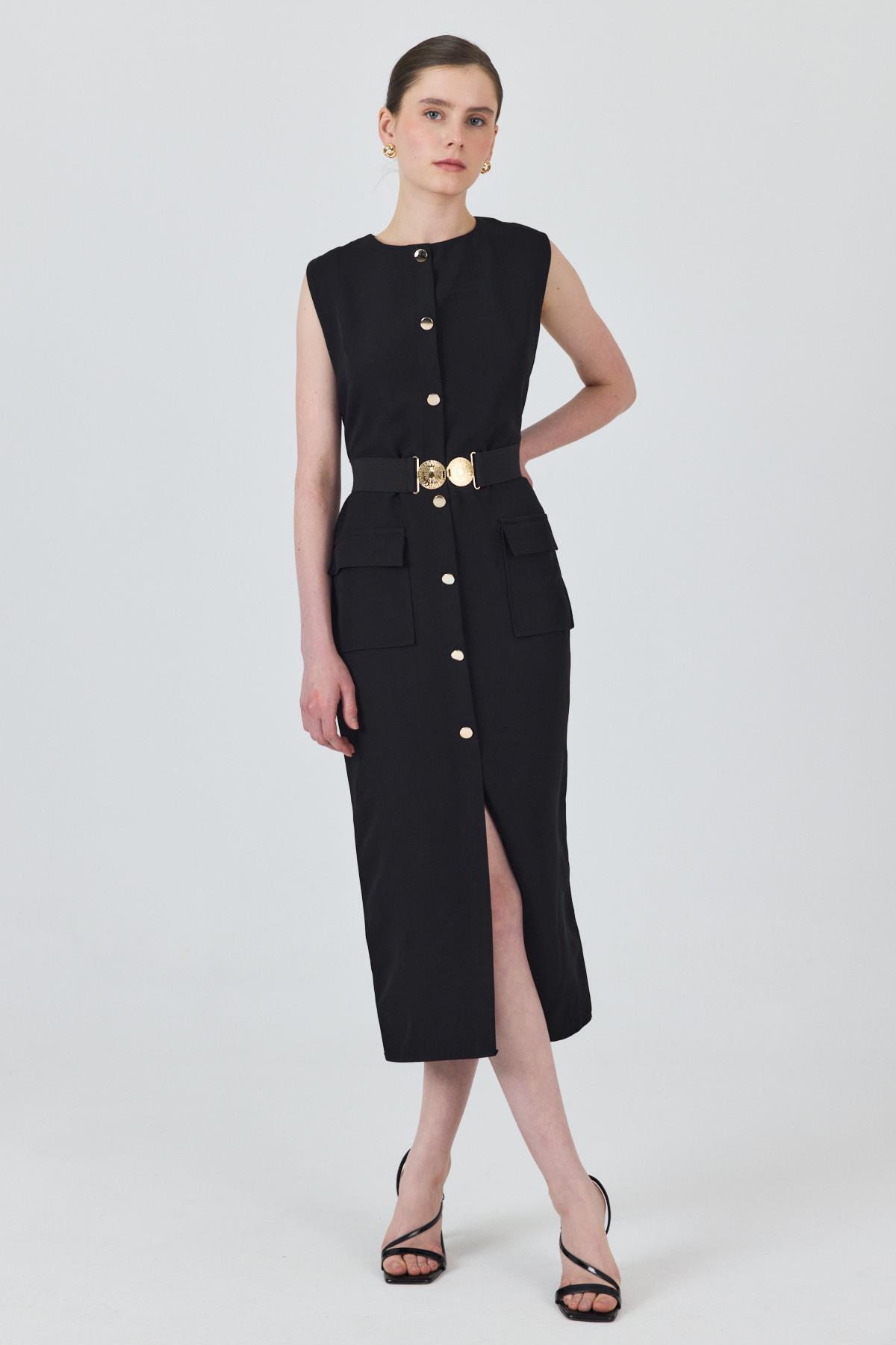 Siyah Tokalı Kemer Ve Düğme Detaylı Kolsuz Elbise 251653 - 8