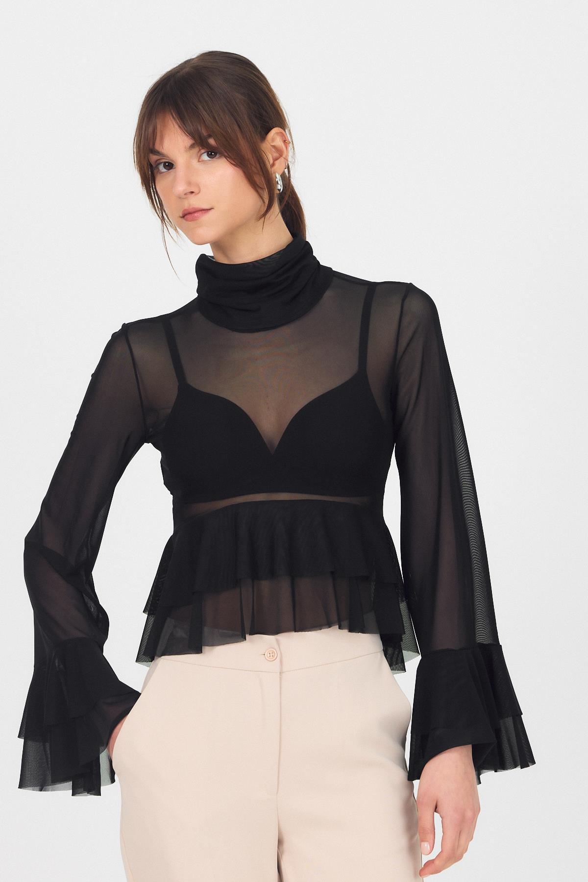 Siyah Transparan Volan Kollu Boğazlı Bluz 6836 - 2