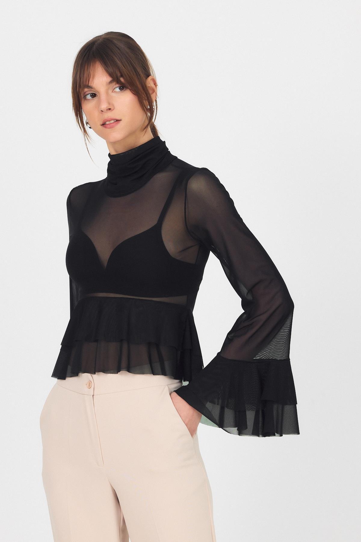 Siyah Transparan Volan Kollu Boğazlı Bluz 6836 - 8