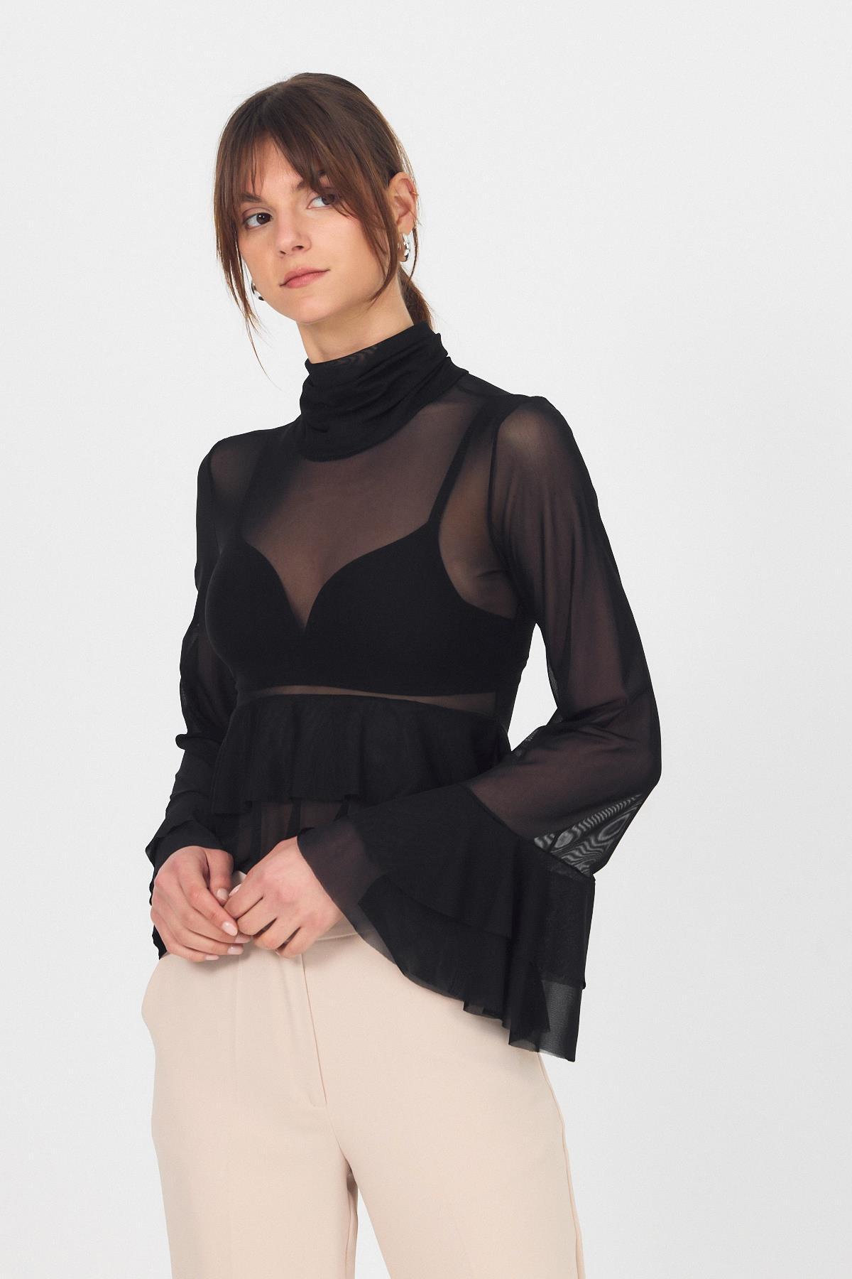 Siyah Transparan Volan Kollu Boğazlı Bluz 6836 - 1