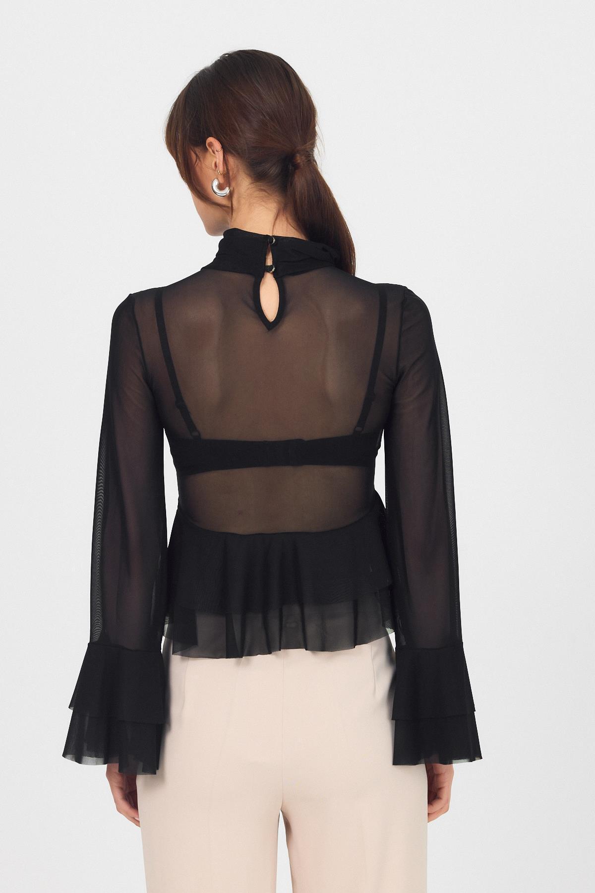 Siyah Transparan Volan Kollu Boğazlı Bluz 6836 - 5