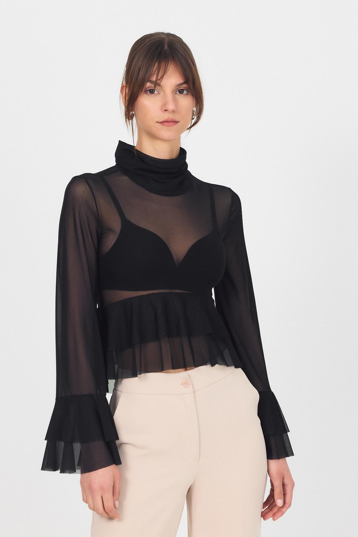 Siyah Transparan Volan Kollu Boğazlı Bluz 6836 - 7