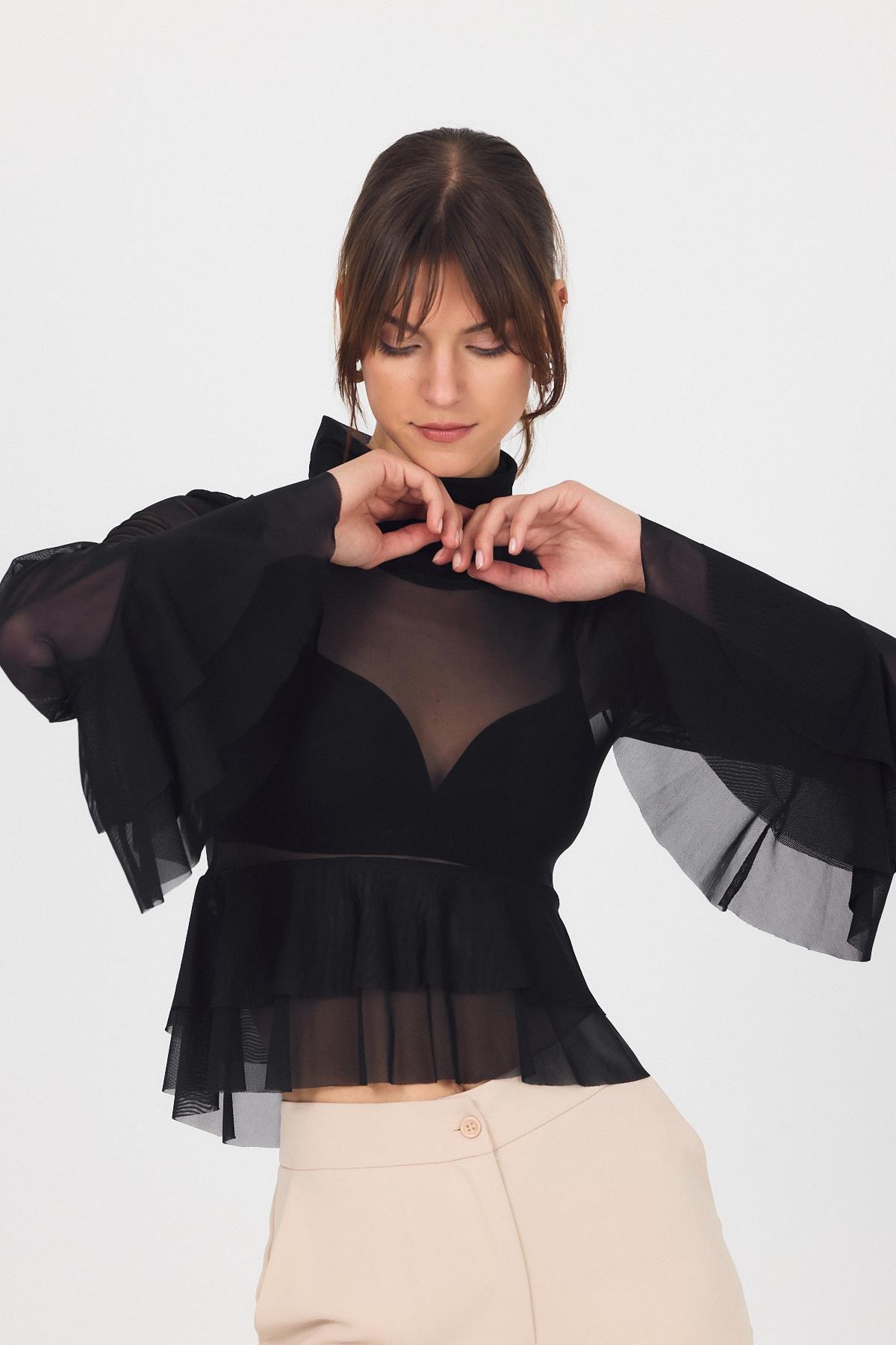 Siyah Transparan Volan Kollu Boğazlı Bluz 6836 - 6