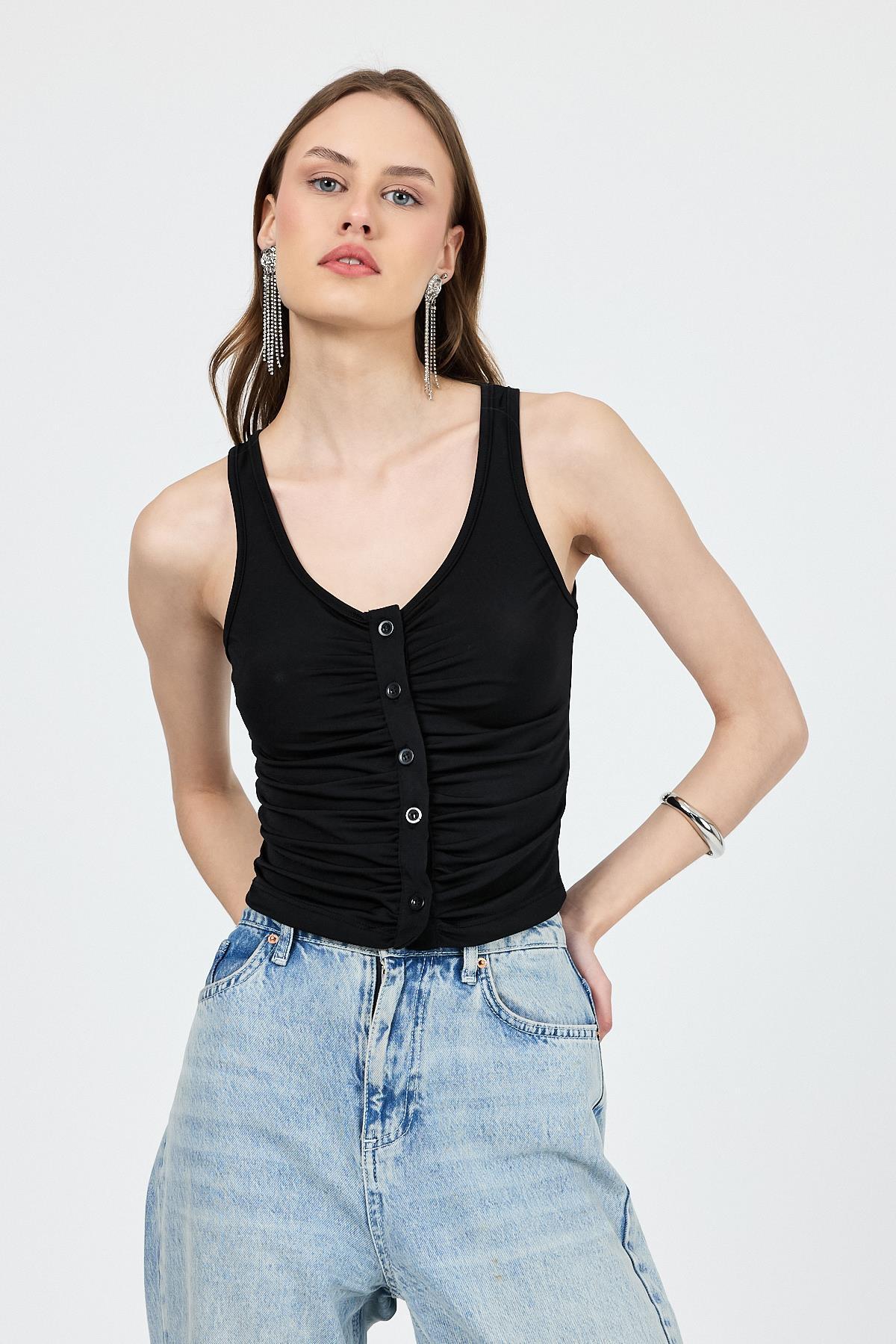 Siyah U Yaka Büzgülü Düğmeli Atlet 13298 - RAYS