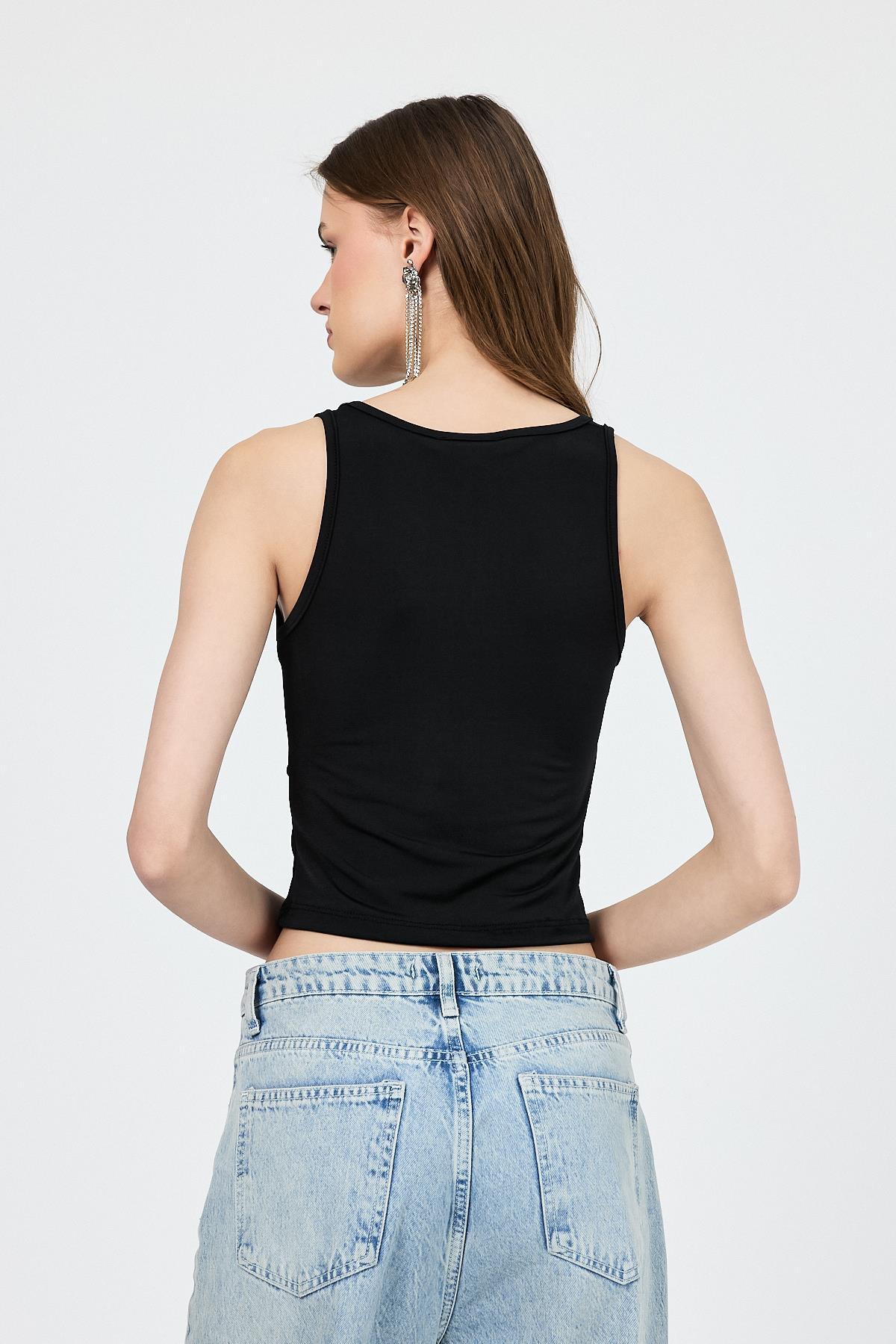 Siyah U Yaka Büzgülü Düğmeli Atlet 13298 - 5