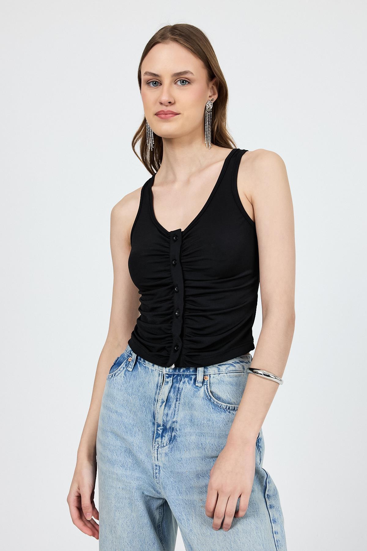 Siyah U Yaka Büzgülü Düğmeli Atlet 13298 - 7