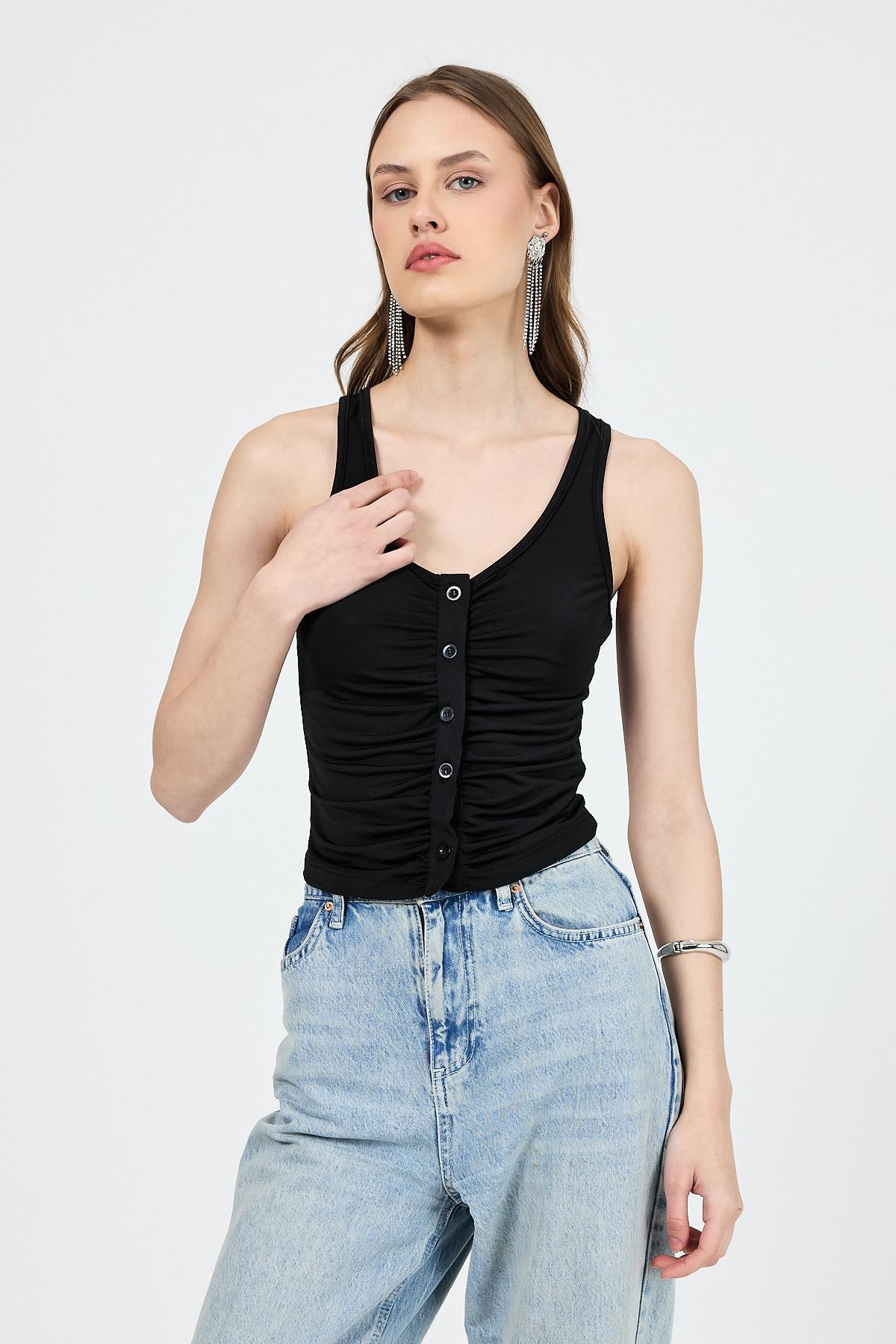 Siyah U Yaka Büzgülü Düğmeli Atlet 13298 - 8