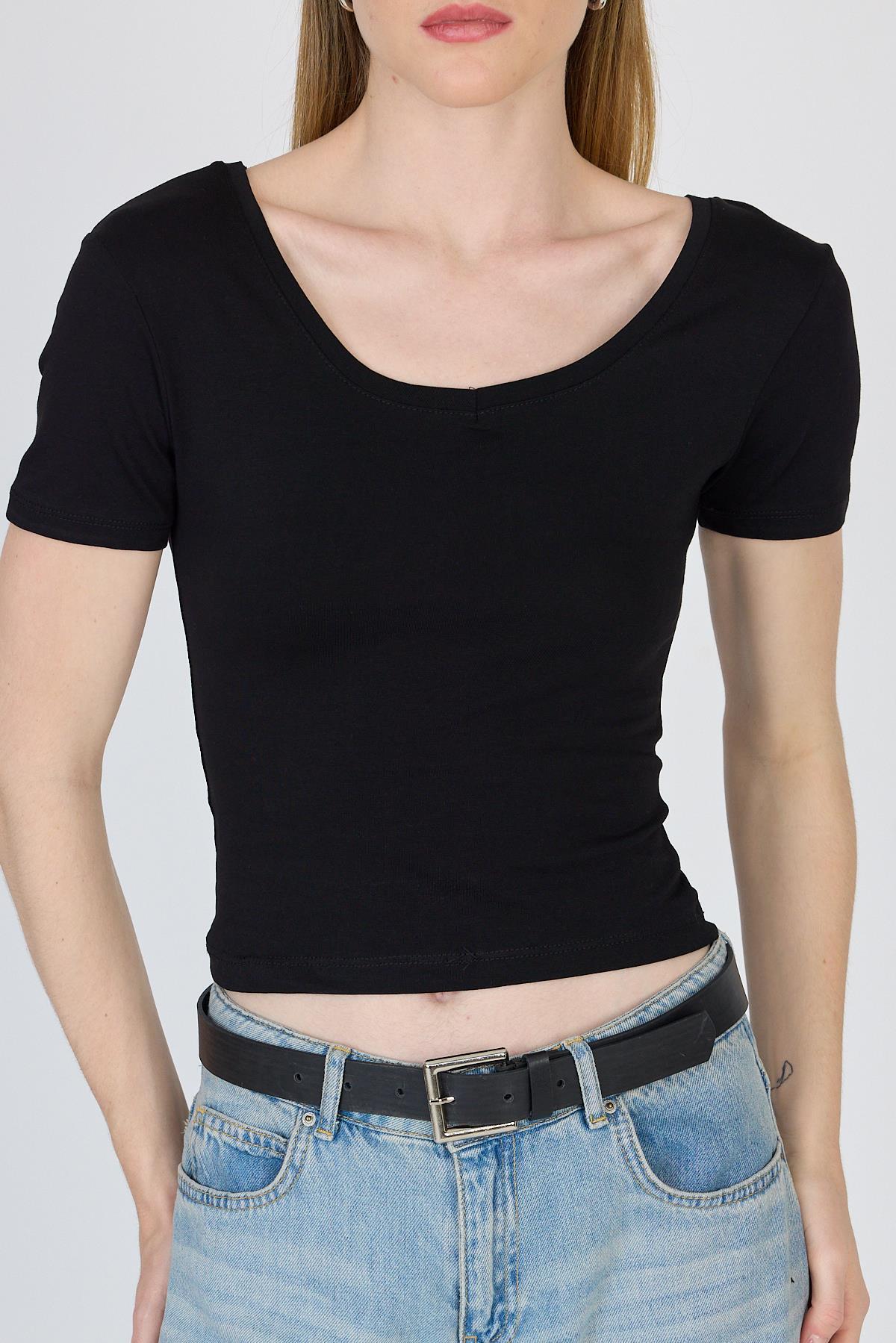 Siyah U Yaka Pamuklu Slim Fit Tişört 9186M - RAYS