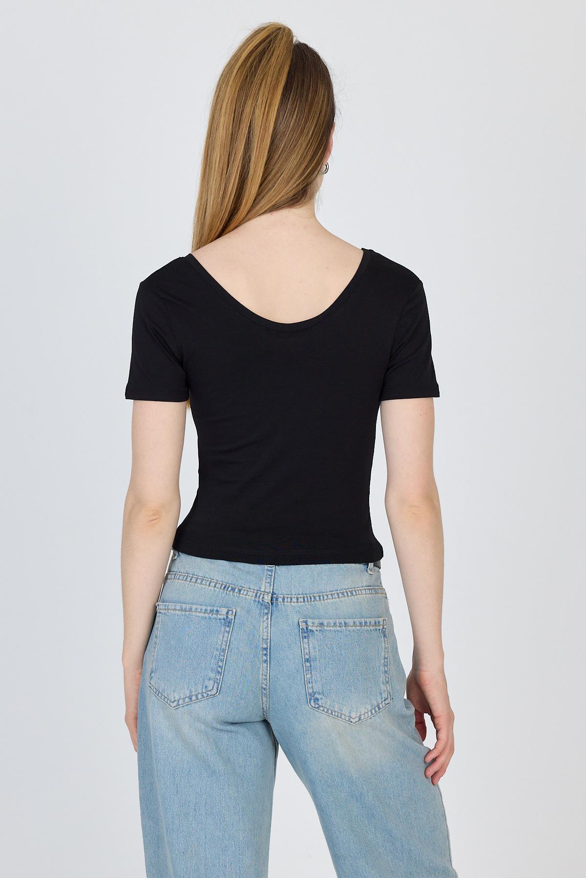 Siyah U Yaka Pamuklu Slim Fit Tişört 9186M - 5