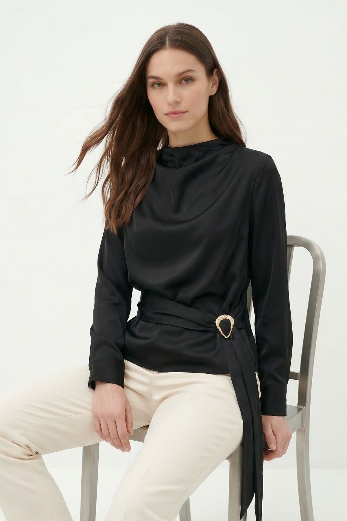 Siyah Uzun Kol Bel Detay Bluz 261109 - RAYS (1)