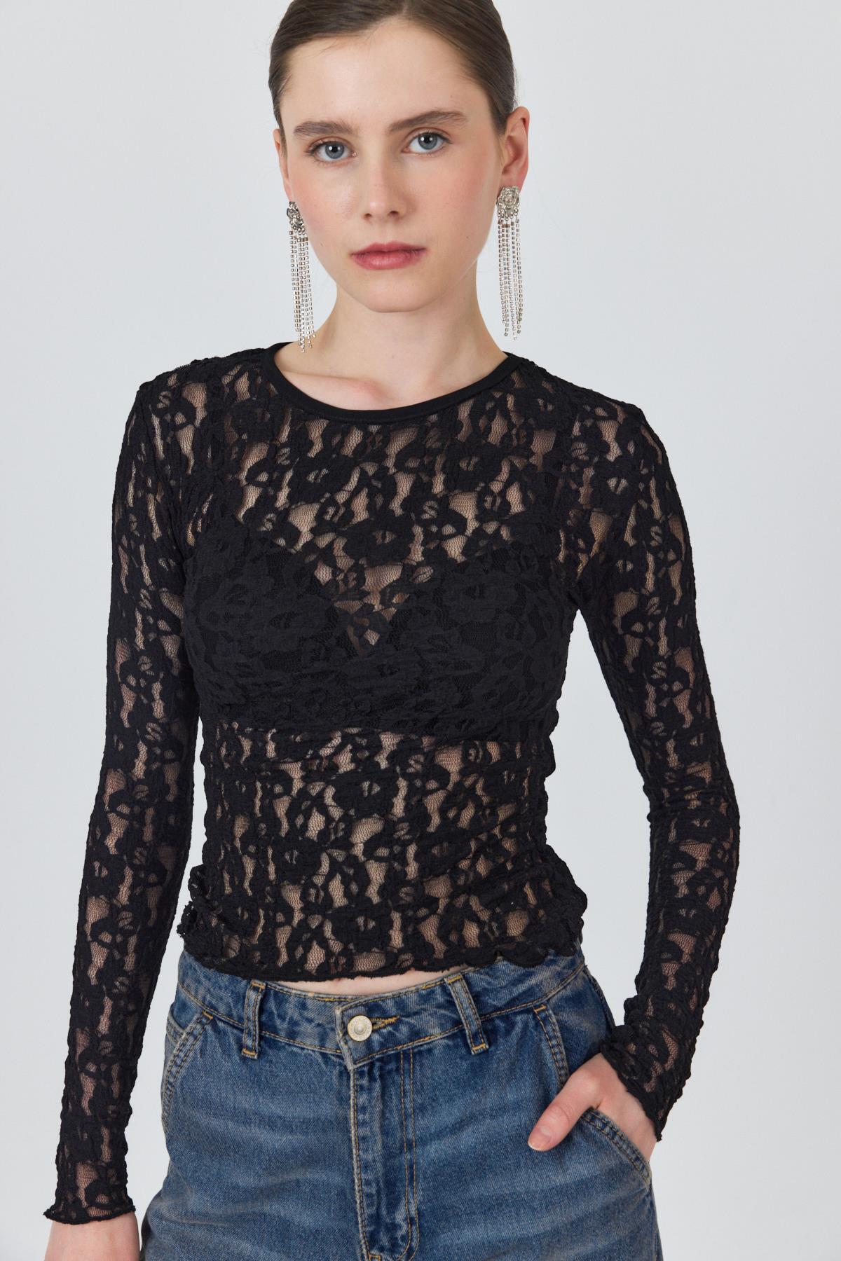 Siyah Uzun Kollu Dantel Bluz 6871 - 1