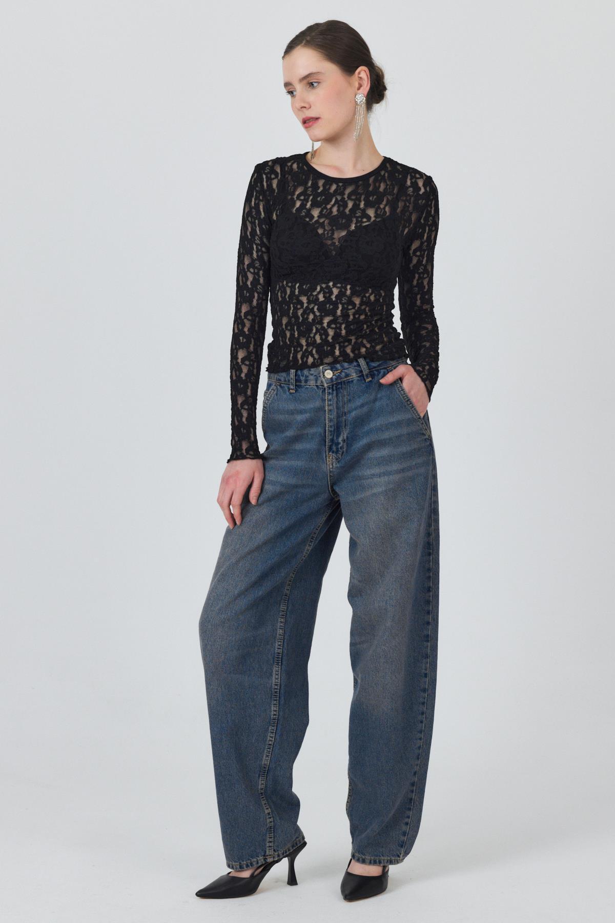 Siyah Uzun Kollu Dantel Bluz 6871 - 3