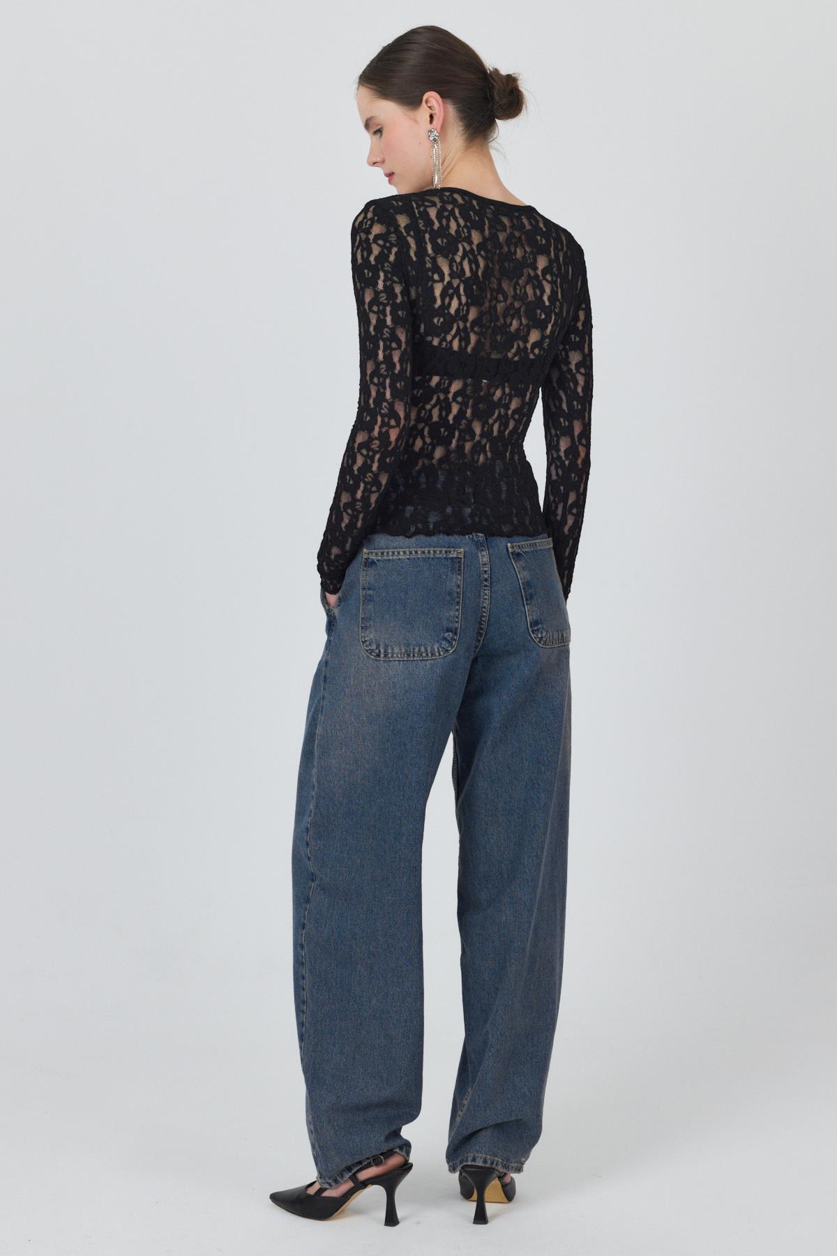 Siyah Uzun Kollu Dantel Bluz 6871 - 5