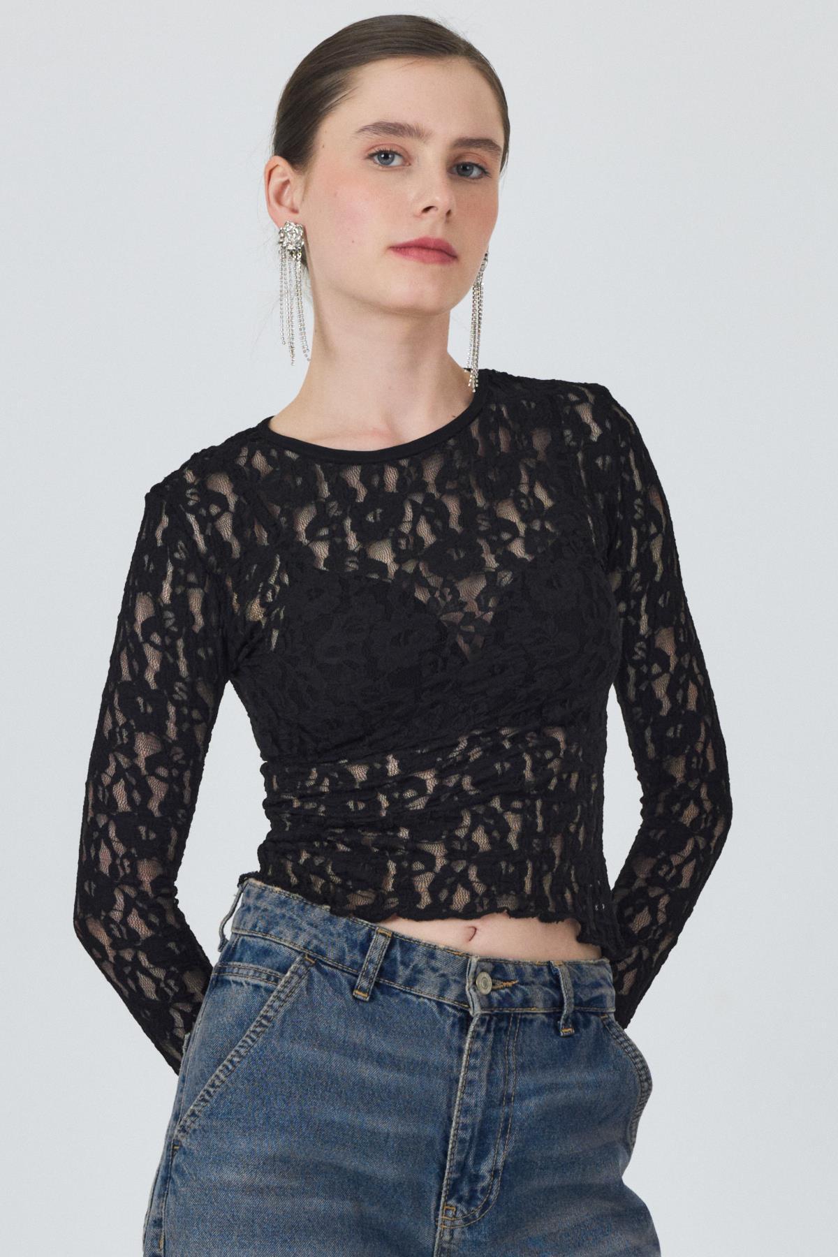 Siyah Uzun Kollu Dantel Bluz 6871 - 6