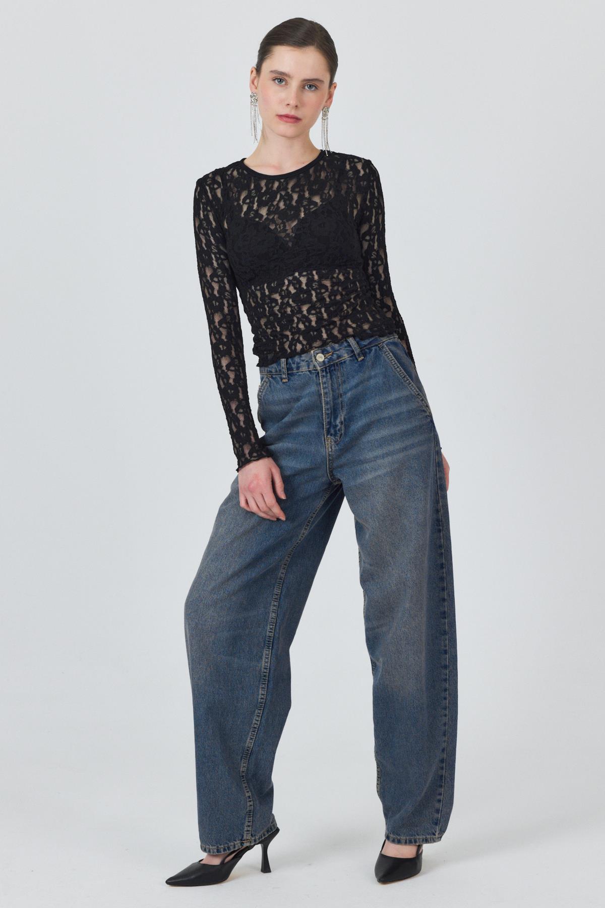 Siyah Uzun Kollu Dantel Bluz 6871 - 7