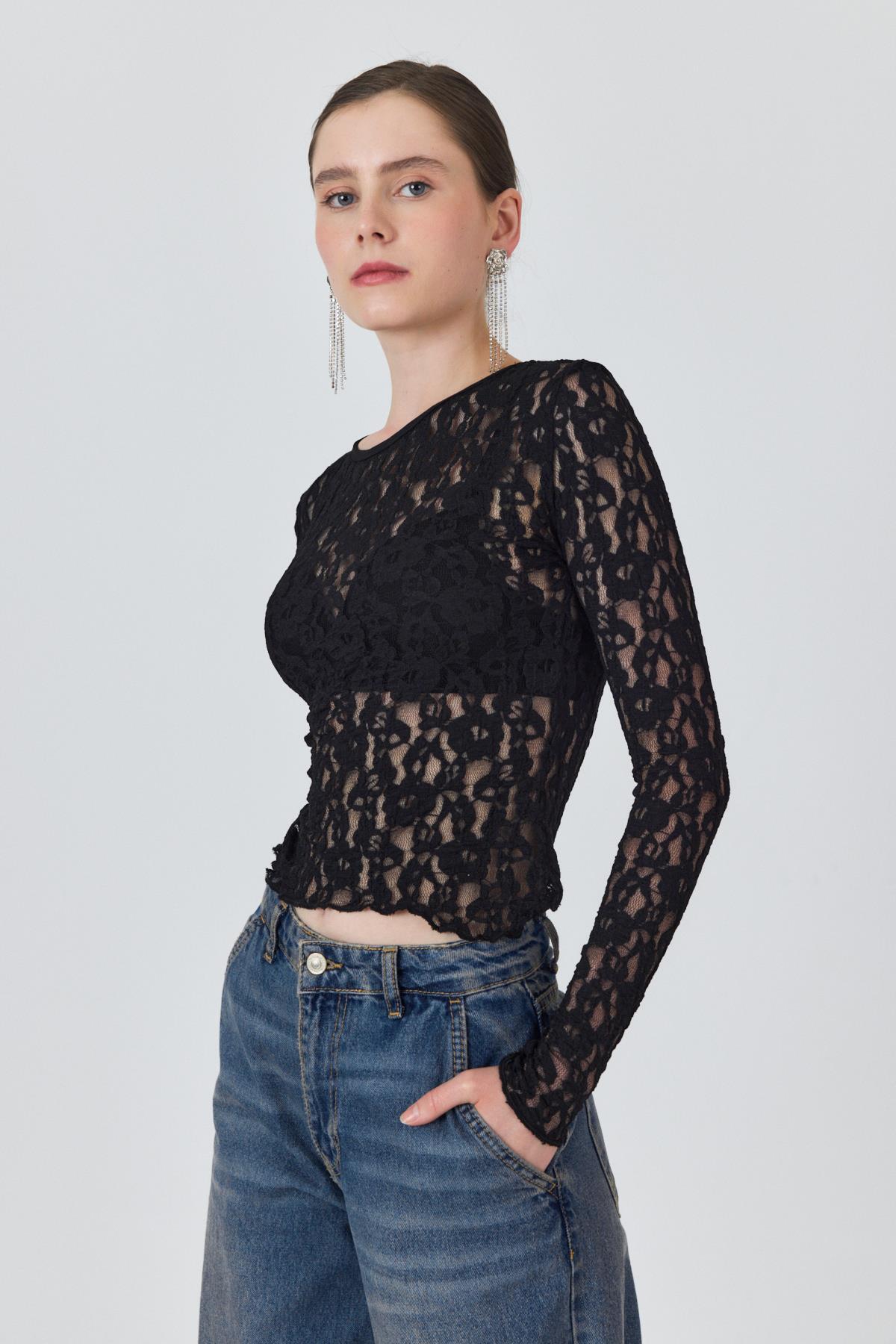 Siyah Uzun Kollu Dantel Bluz 6871 - 2