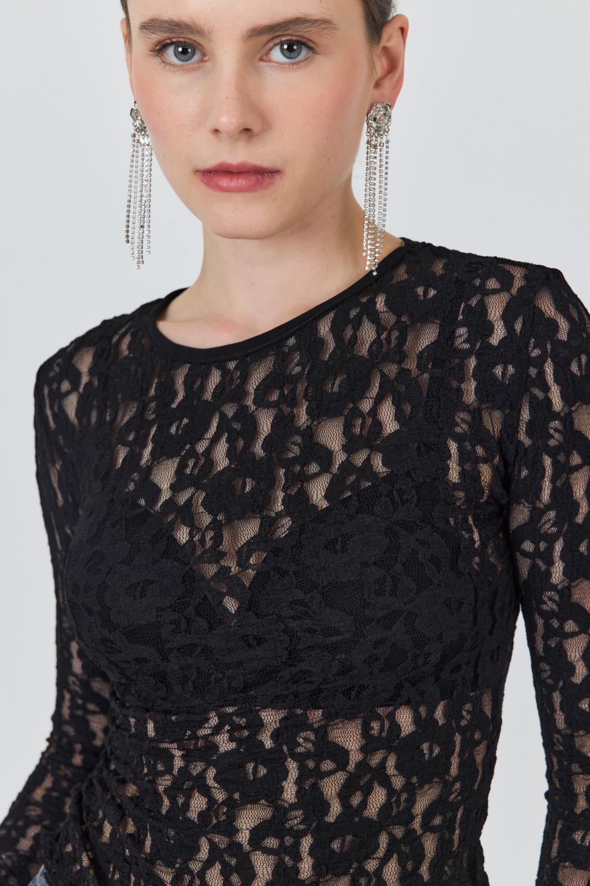 Siyah Uzun Kollu Dantel Bluz 6871 - 4