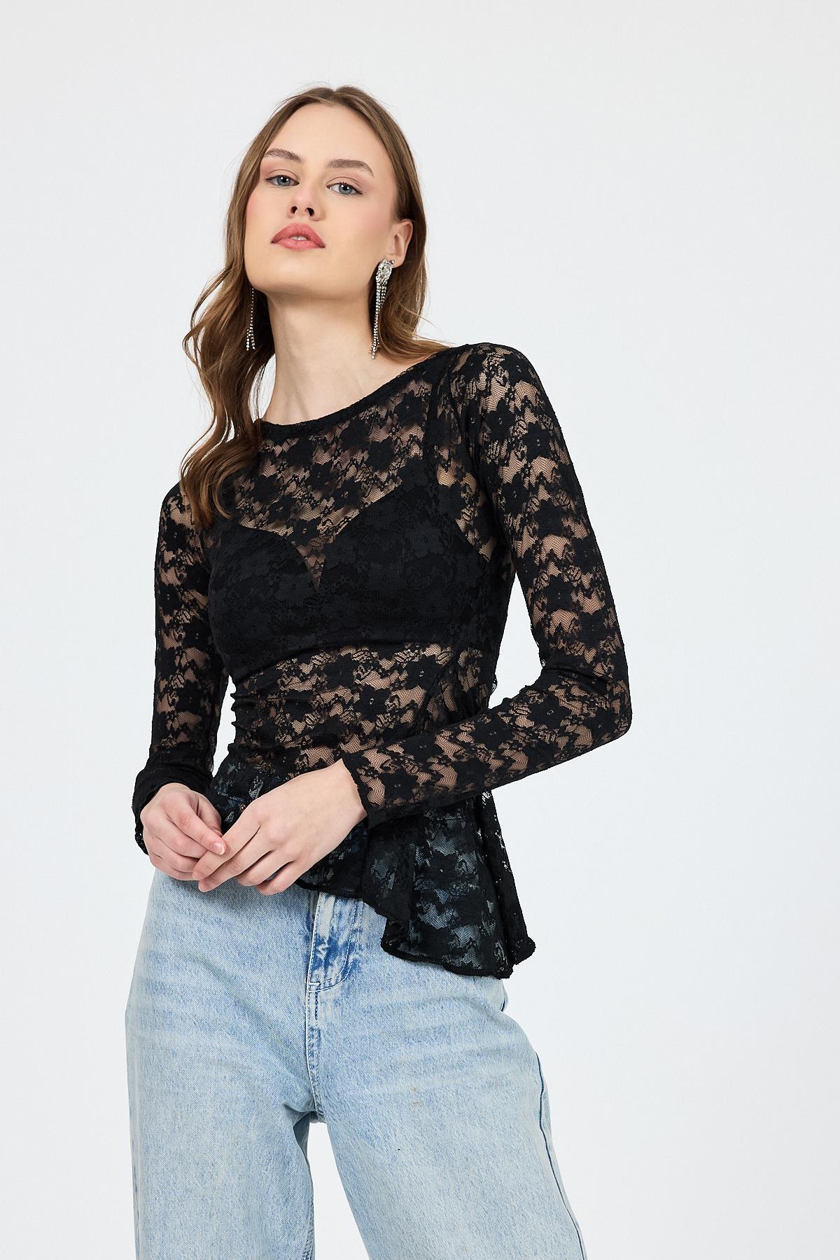 Siyah Uzun Kollu Transparan Dantel Bluz 13288 - 1