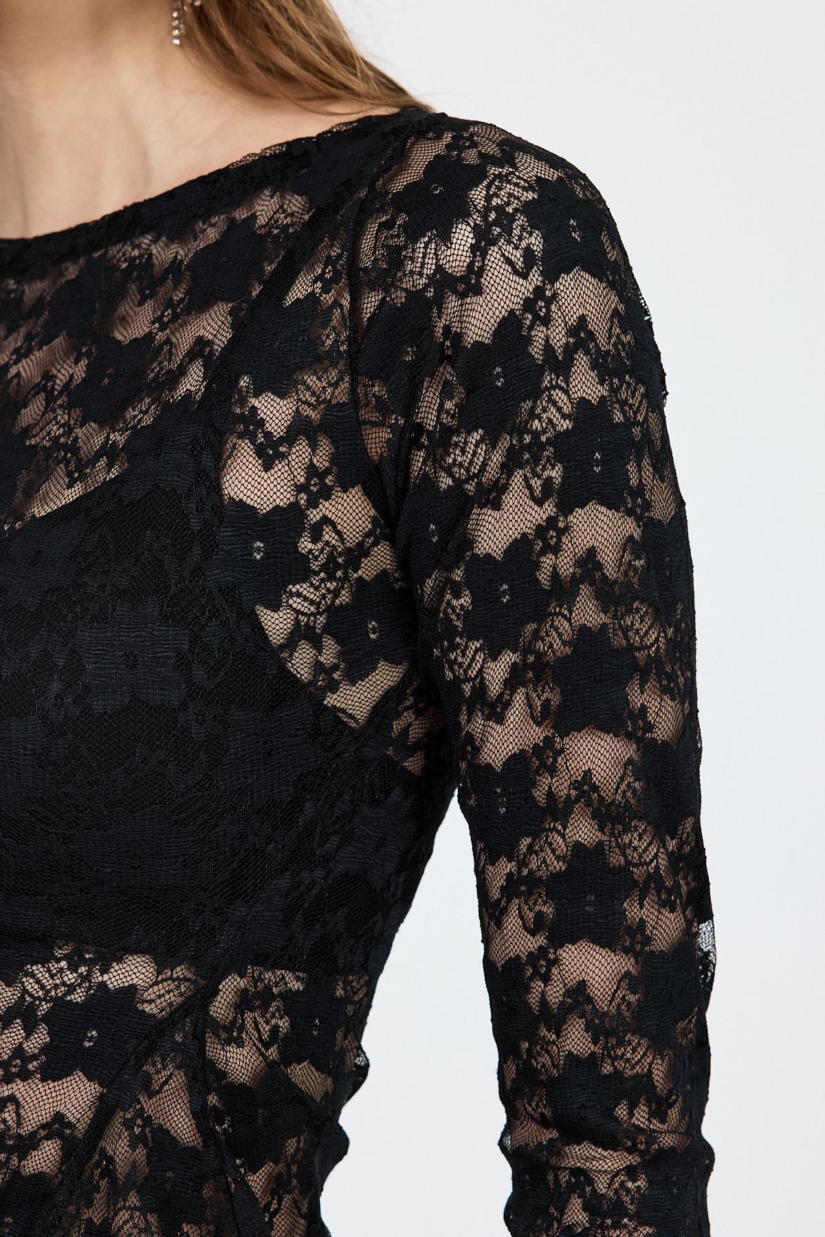 Siyah Uzun Kollu Transparan Dantel Bluz 13288 - 4