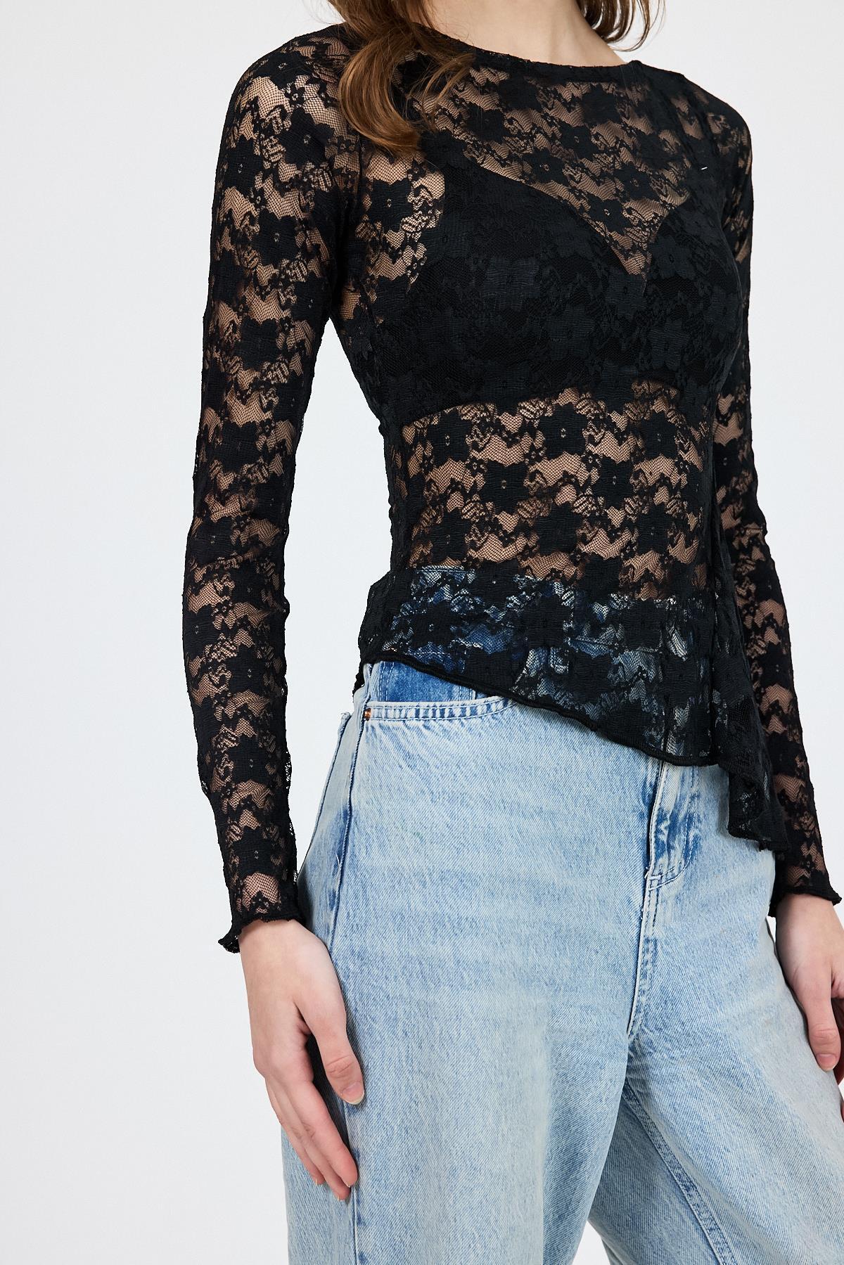 Siyah Uzun Kollu Transparan Dantel Bluz 13288 - 8