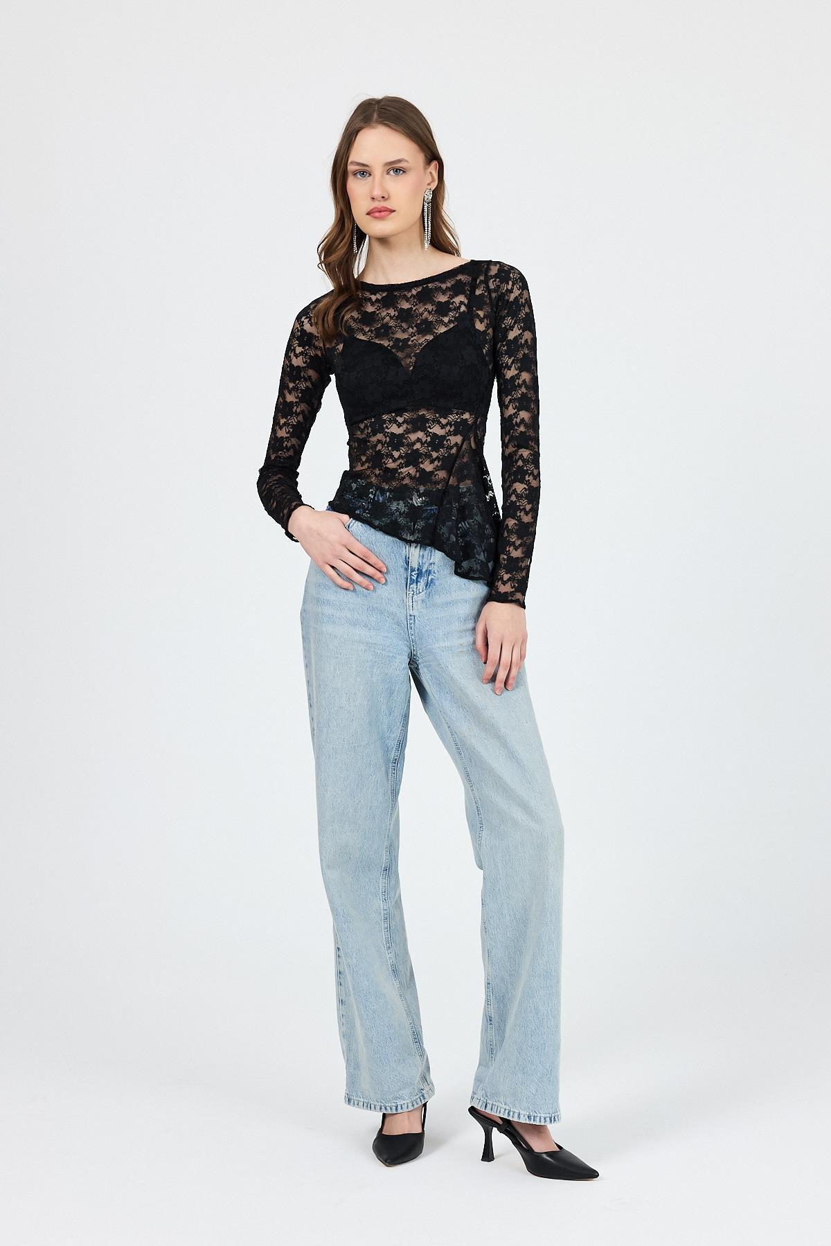 Siyah Uzun Kollu Transparan Dantel Bluz 13288 - 2