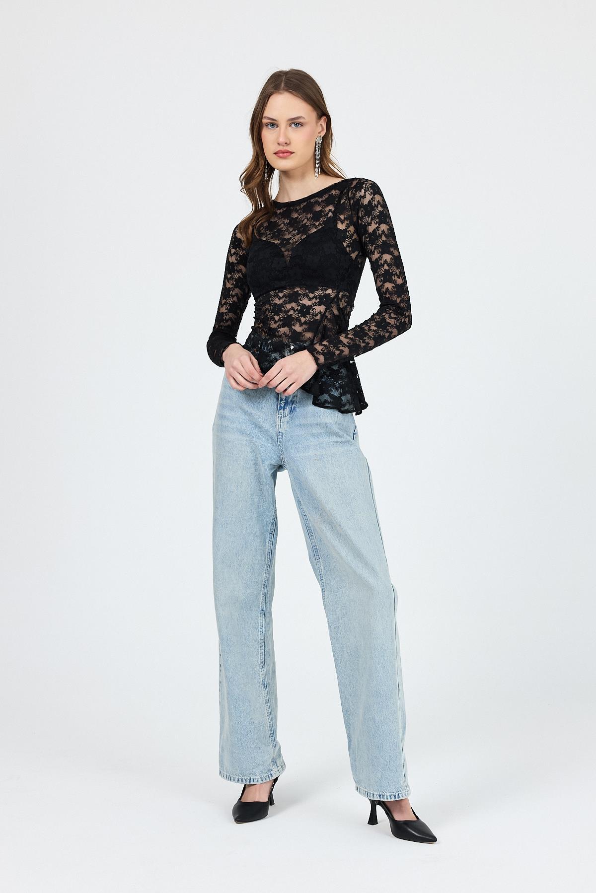 Siyah Uzun Kollu Transparan Dantel Bluz 13288 - 7