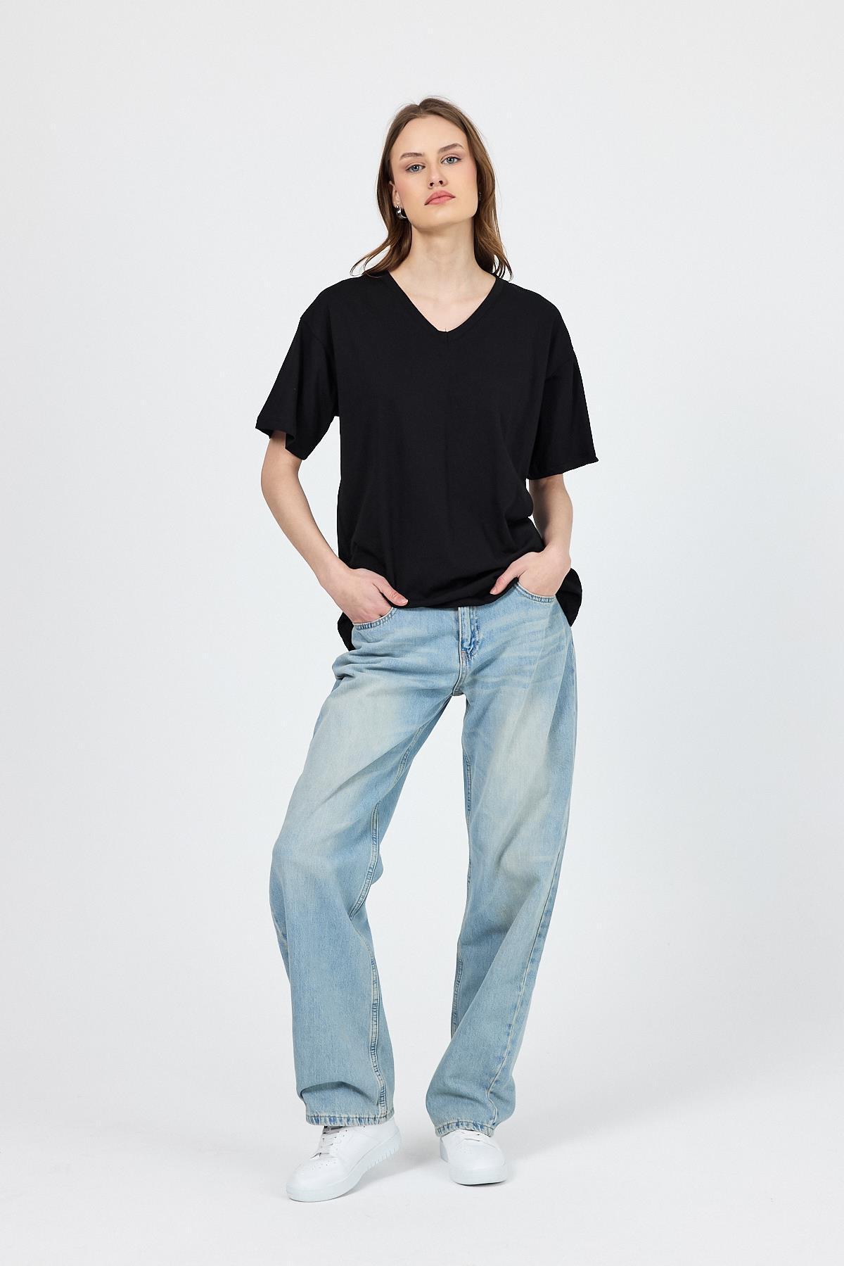 Siyah V Yaka %100 Pamuk Comfort Fit Tişört 2143M - 3