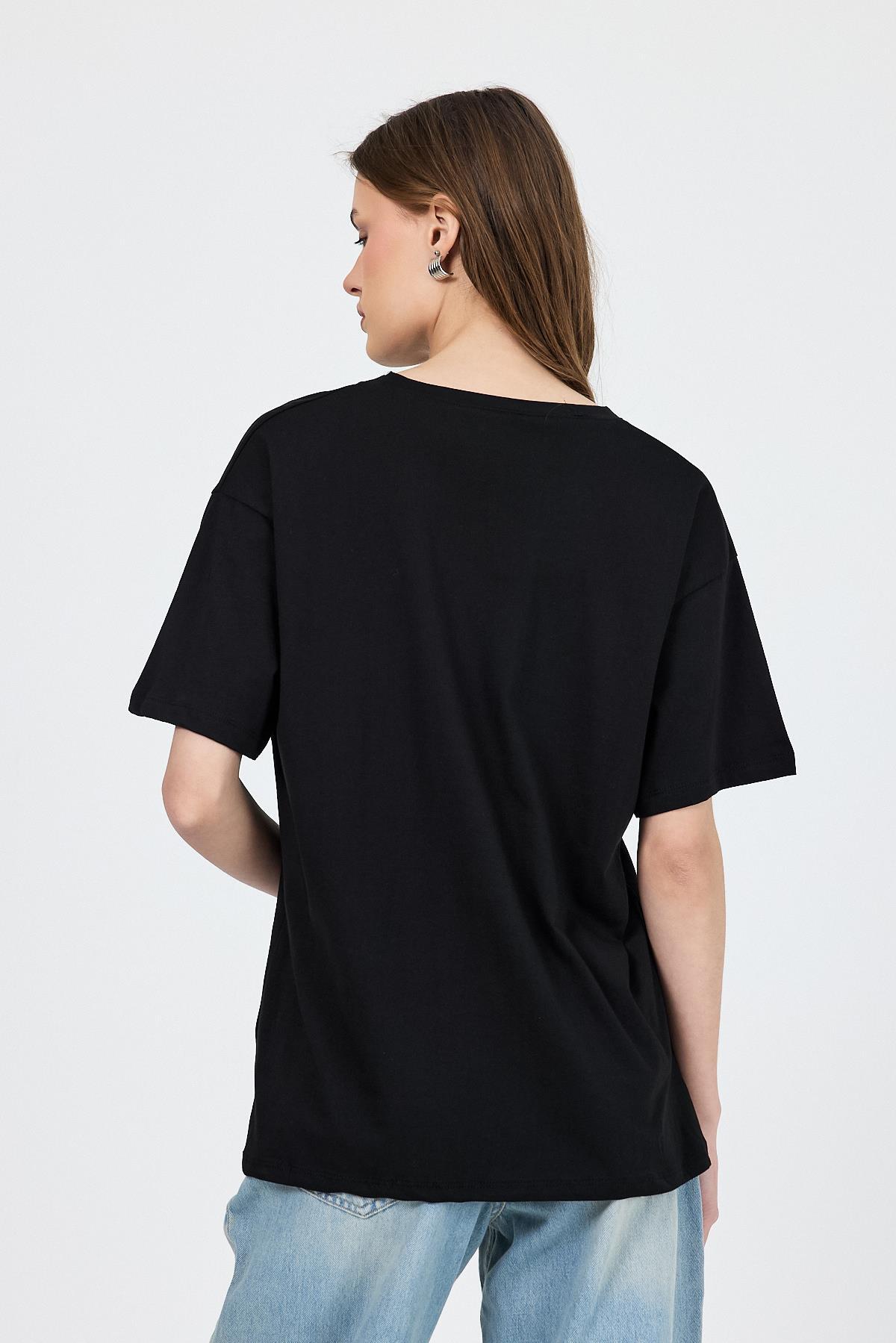 Siyah V Yaka %100 Pamuk Comfort Fit Tişört 2143M - 5