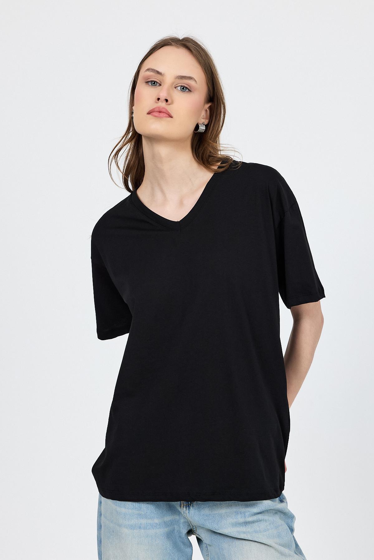 Siyah V Yaka %100 Pamuk Comfort Fit Tişört 2143M - 7