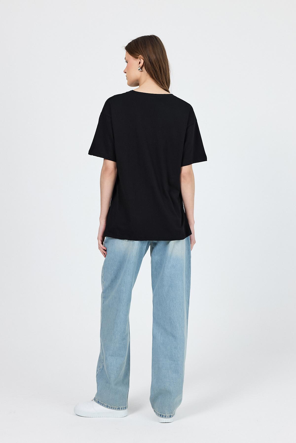 Siyah V Yaka %100 Pamuk Comfort Fit Tişört 2143M - 6