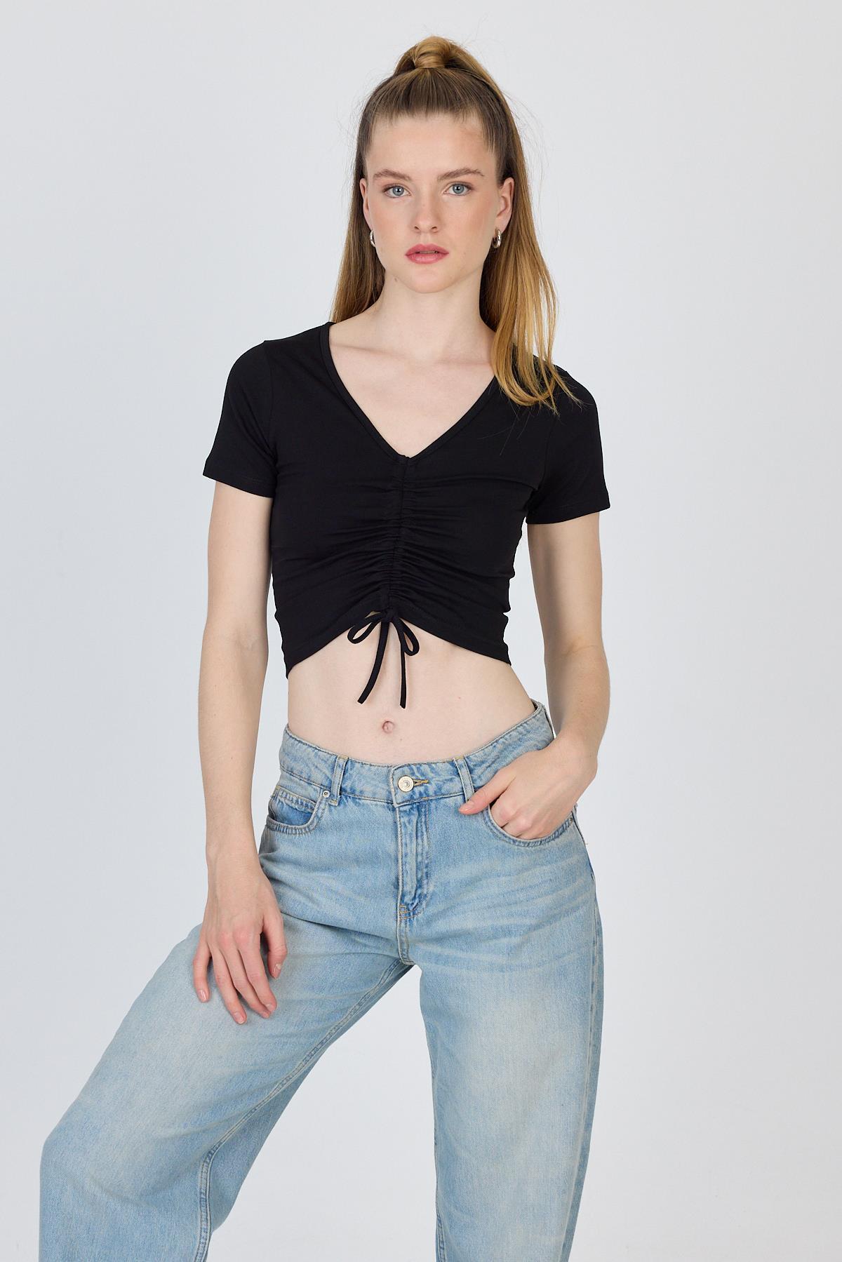 Siyah V Yaka Büzgülü Crop Tişört 9201M - RAYS