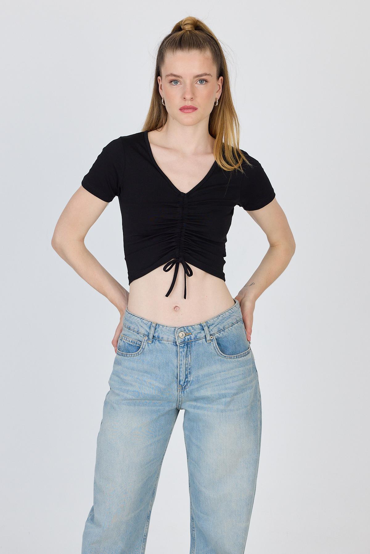 Siyah V Yaka Büzgülü Crop Tişört 9201M - RAYS