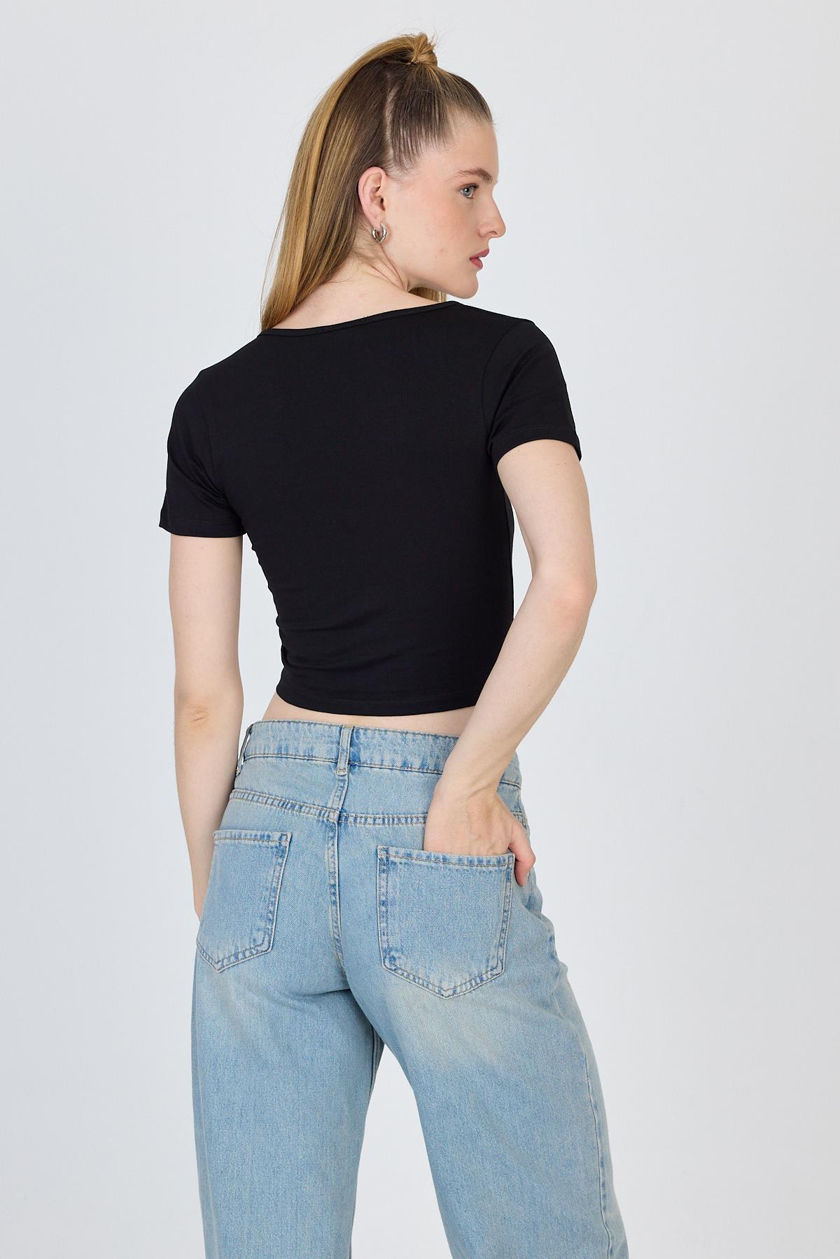 Siyah V Yaka Büzgülü Crop Tişört 9201M - 5