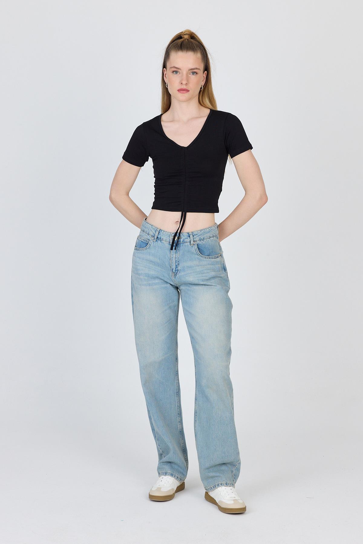 Siyah V Yaka Büzgülü Crop Tişört 9201M - 6