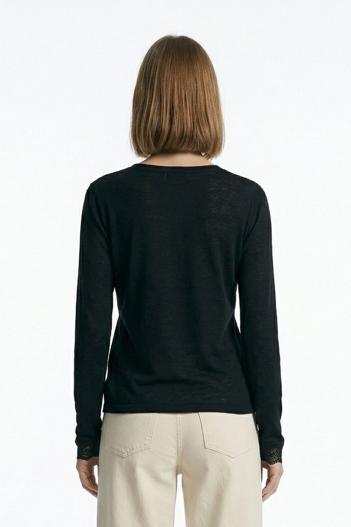 Siyah V Yaka Dantelli Uzun Kollu Bluz 0423 - 2