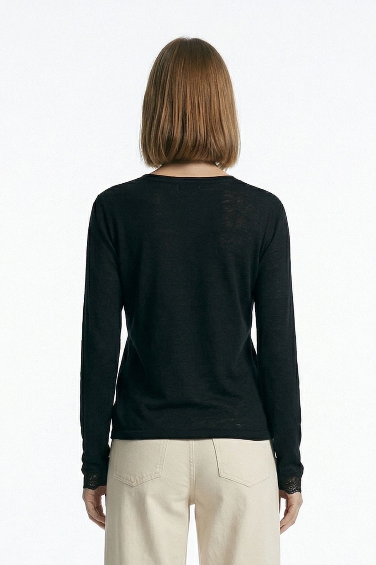 Siyah V Yaka Dantelli Uzun Kollu Bluz 0423 - 3