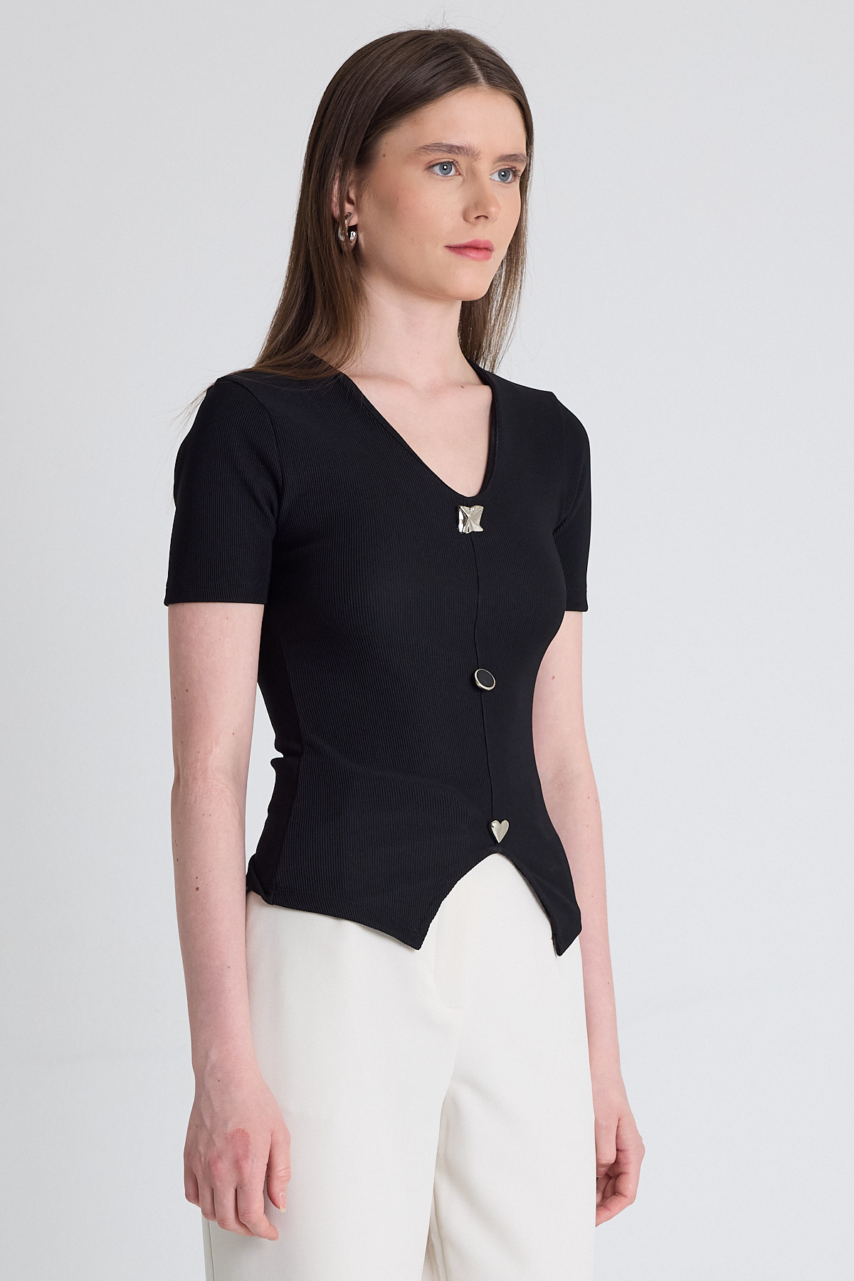 Siyah V Yaka Düğme Detaylı Kısa Kollu Tişört 9205M - RAYS