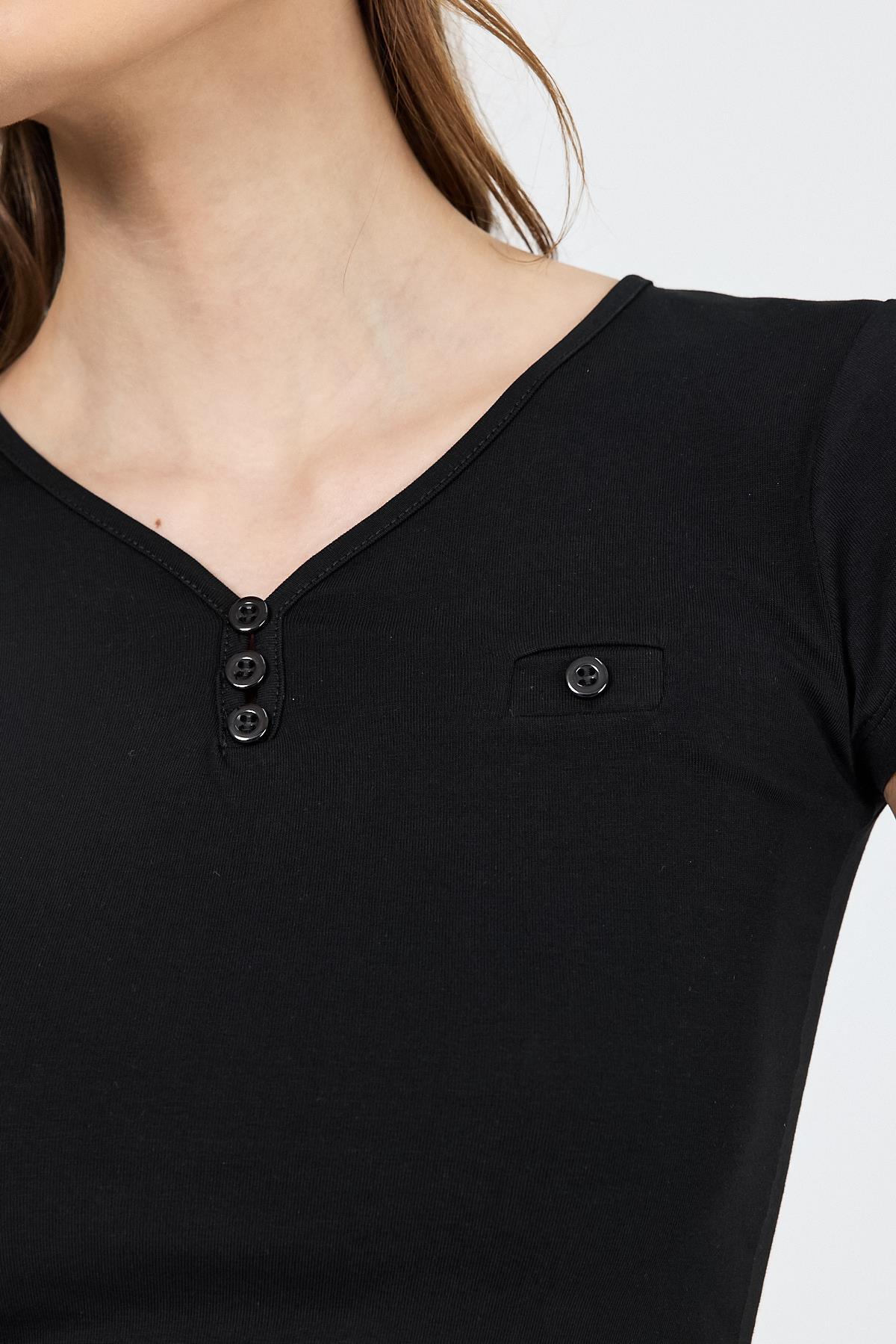 Siyah V Yaka Düğmeli Cep Detaylı Slim Fit Tişört 2213 - RAYS