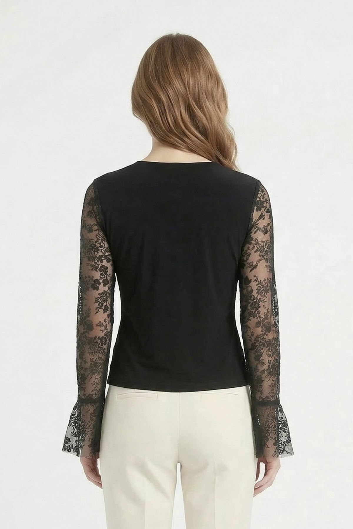 Siyah V Yaka İspanyol Kol Dantelli Bluz 8518A - 3