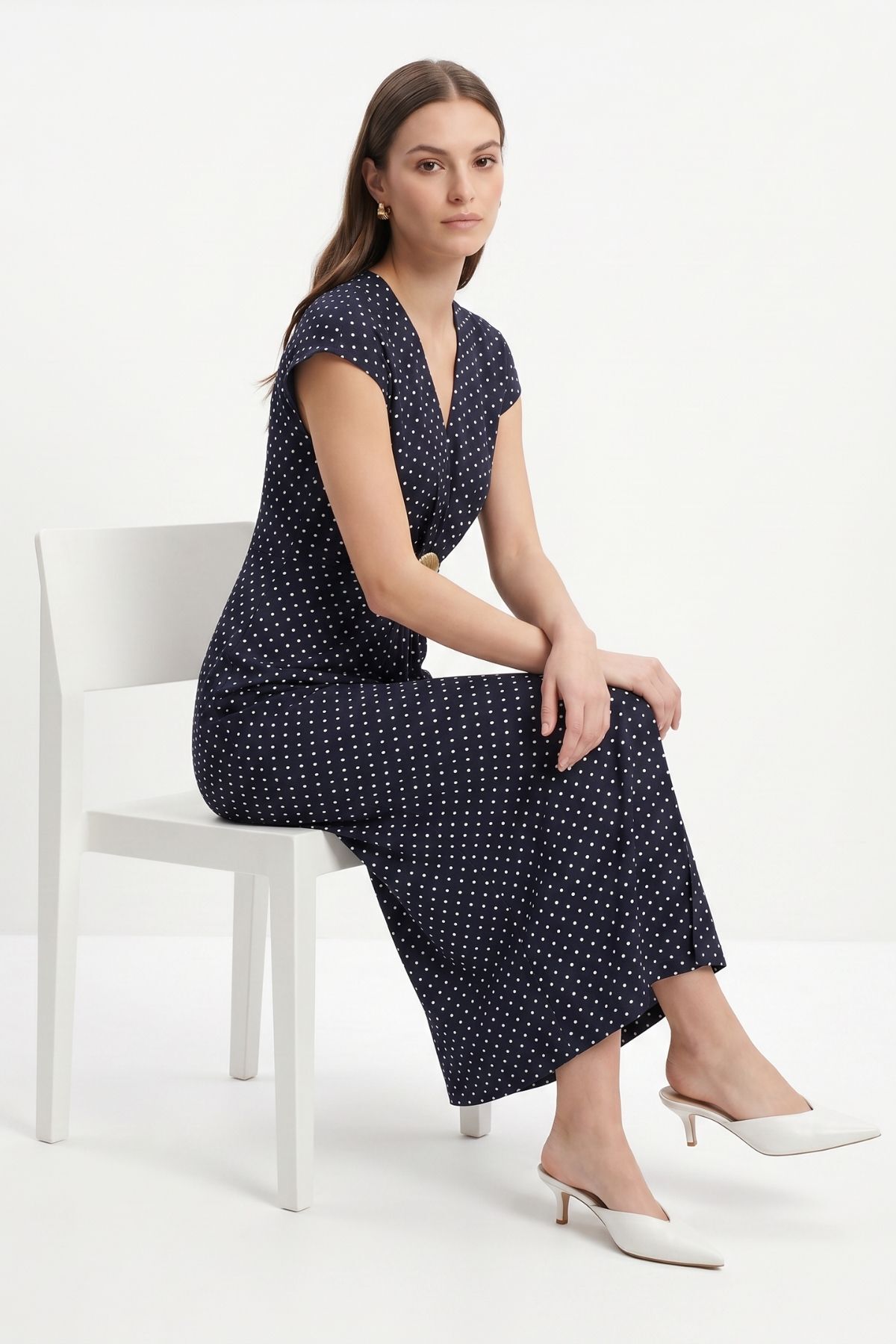 Siyah V Yaka Tokalı Yırtmaçlı Puantiye Uzun Elbise 261680 - 3