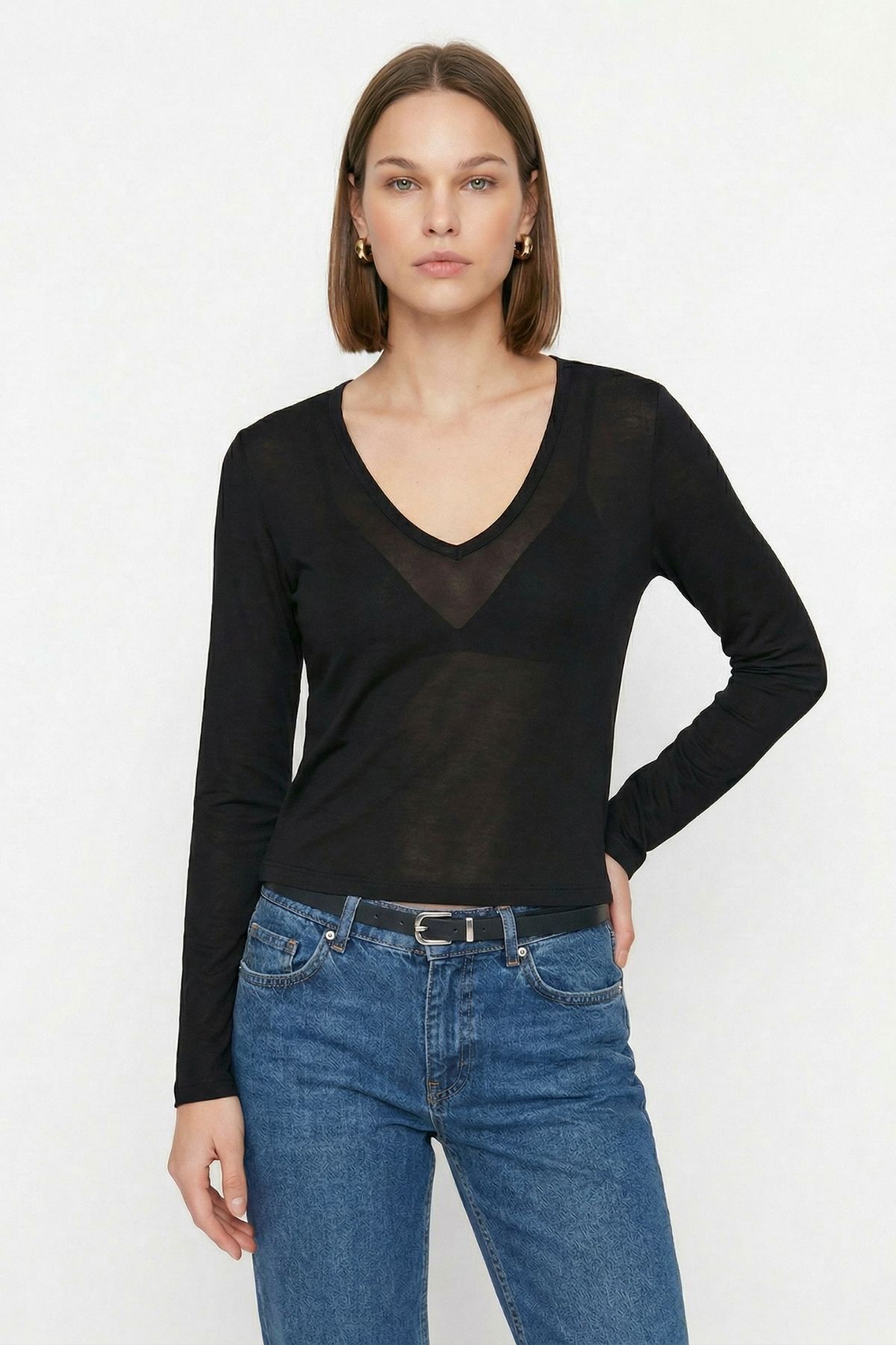 Siyah V Yaka Transparan Bluz 0418 - RAYS