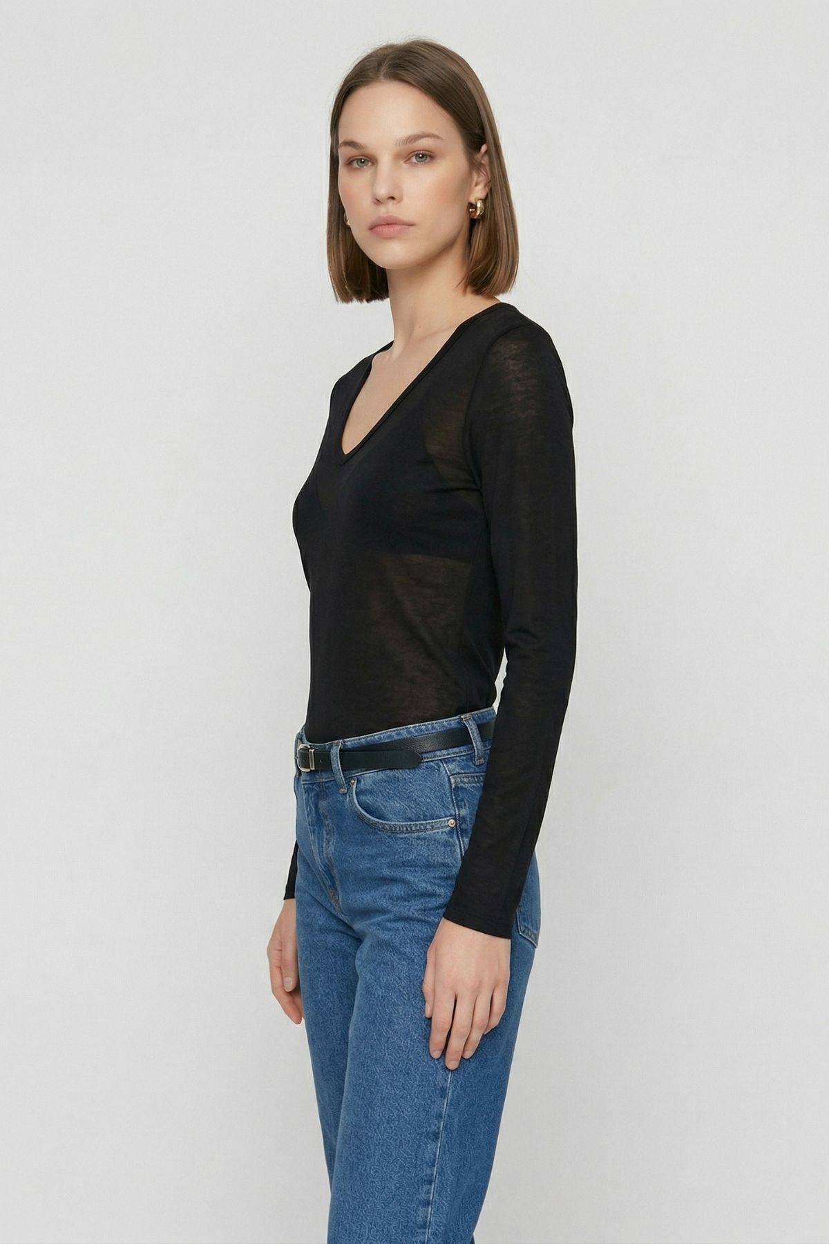 Siyah V Yaka Transparan Bluz 0418 - 2