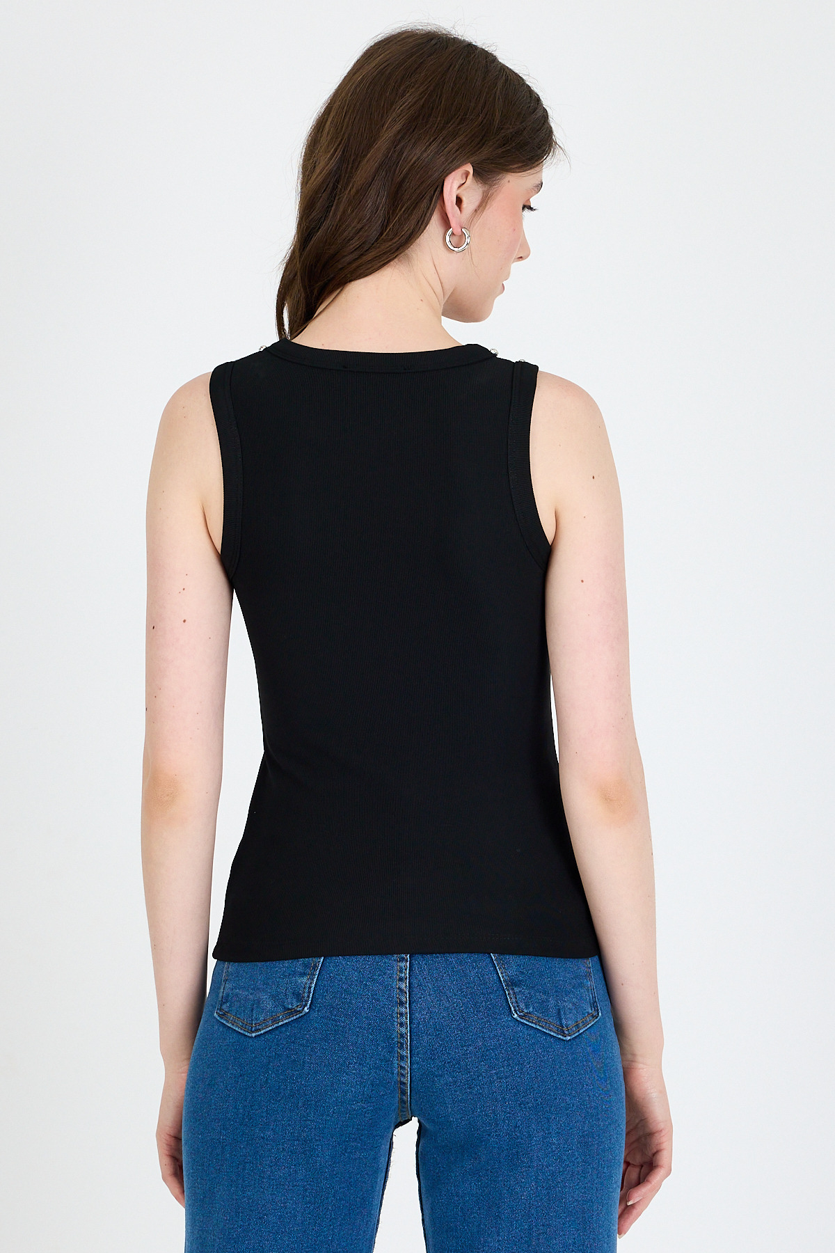 Siyah Yaka Ve Omuz Taş Detaylı Ribanalı Örme Atlet 1249 - 5