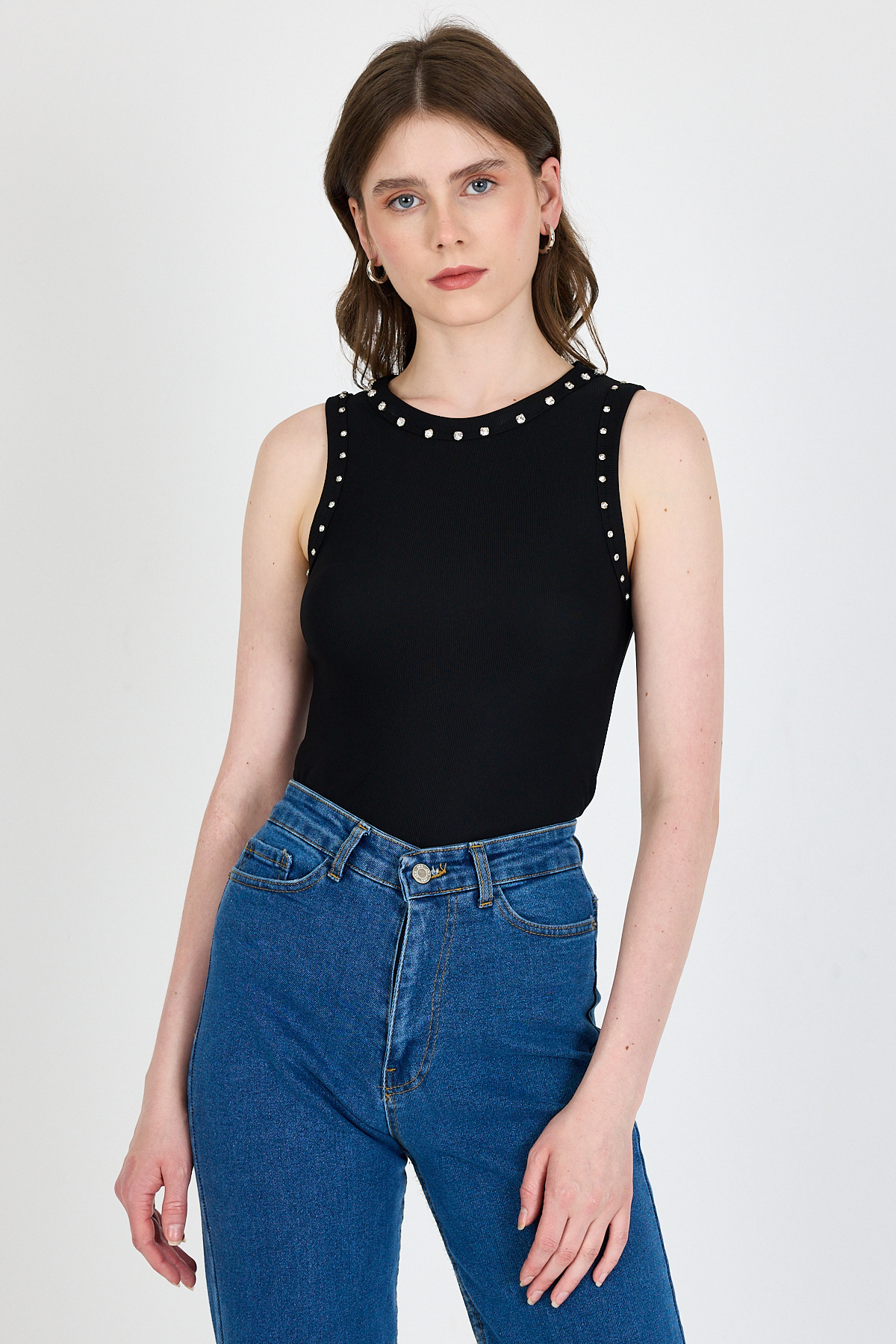 Siyah Yaka Ve Omuz Taş Detaylı Ribanalı Örme Atlet 1249 - 6