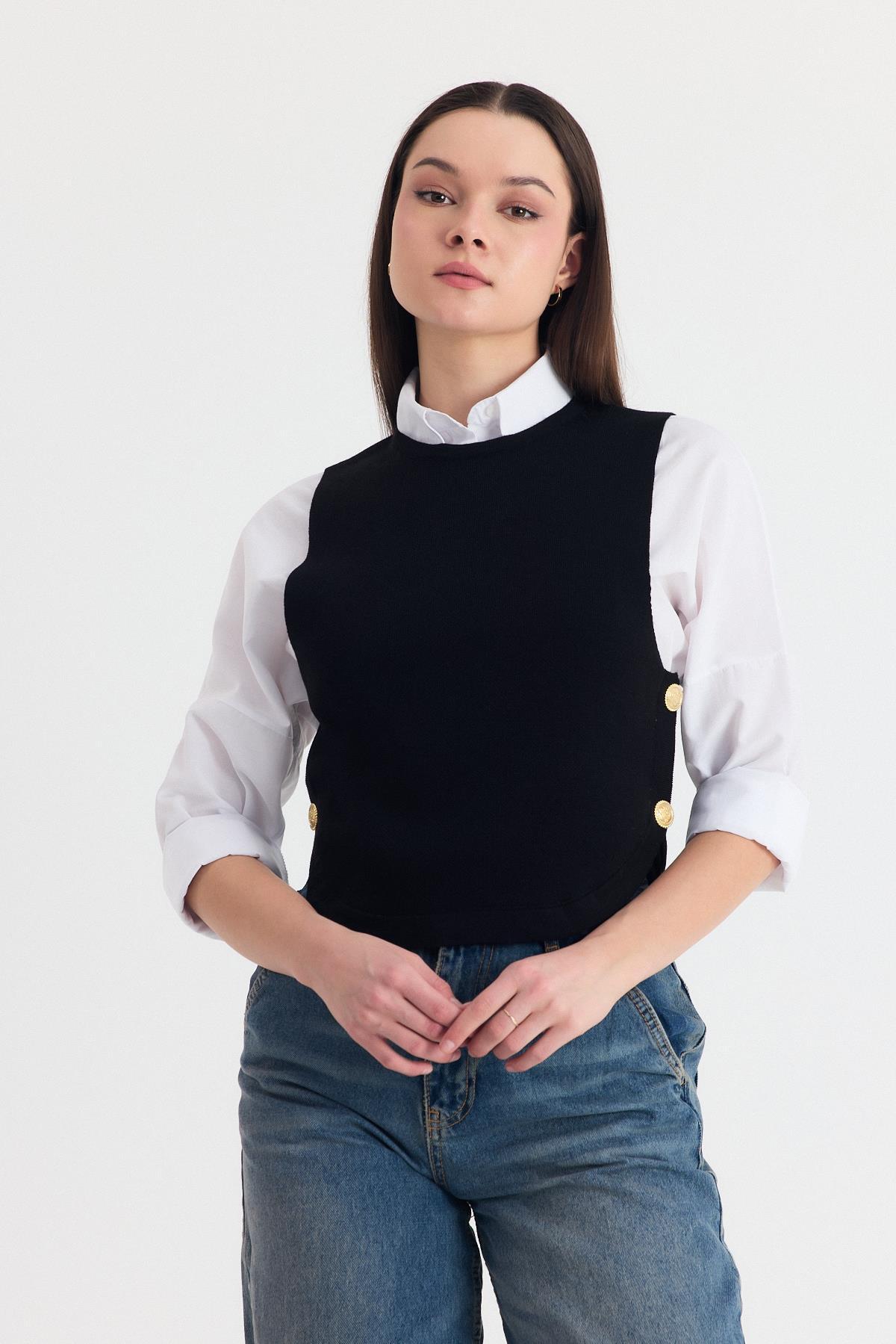 Siyah Yan Düğme Detay Sıfır Kol Süveter 2111 - 1