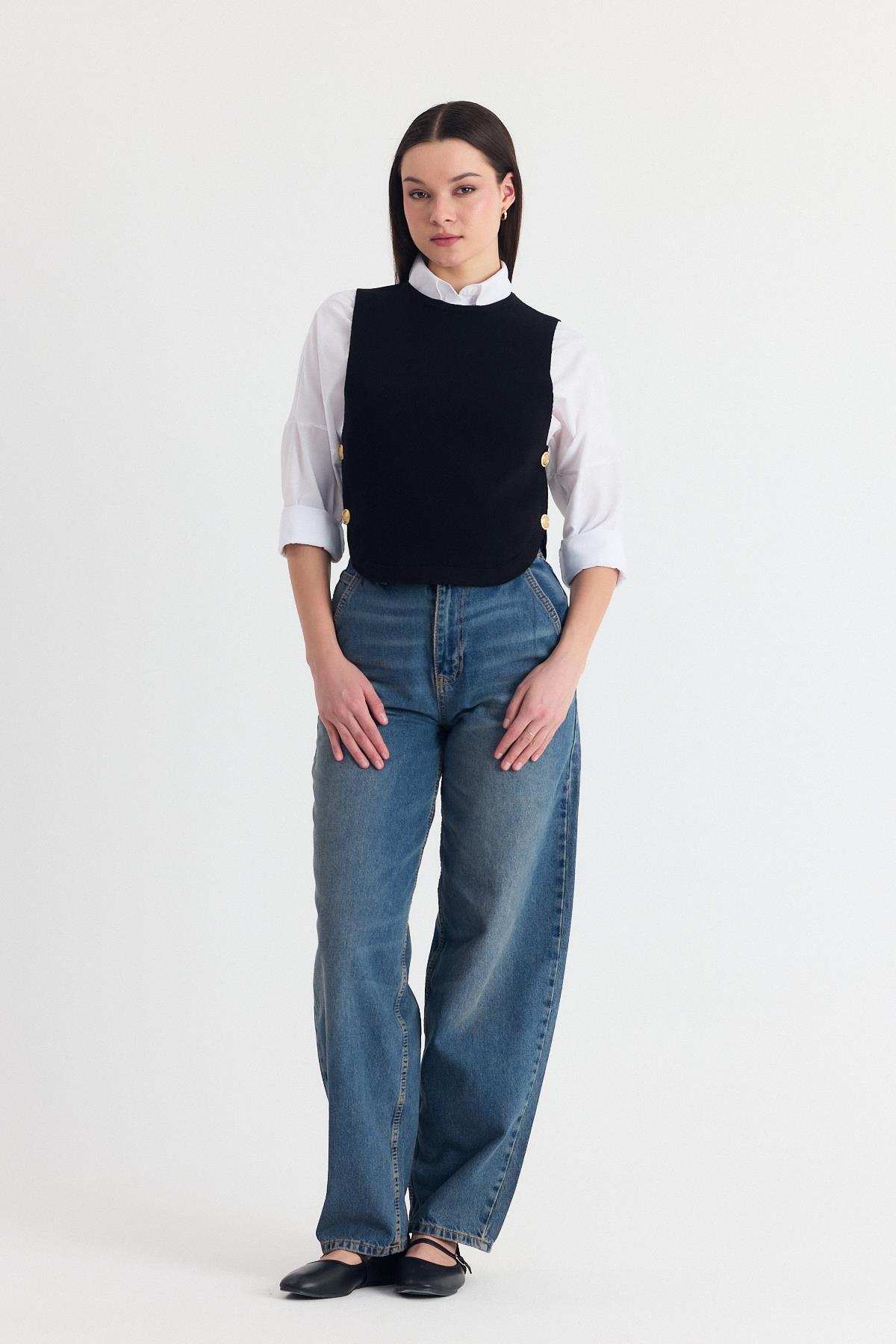 Siyah Yan Düğme Detay Sıfır Kol Süveter 2111 - RAYS (1)