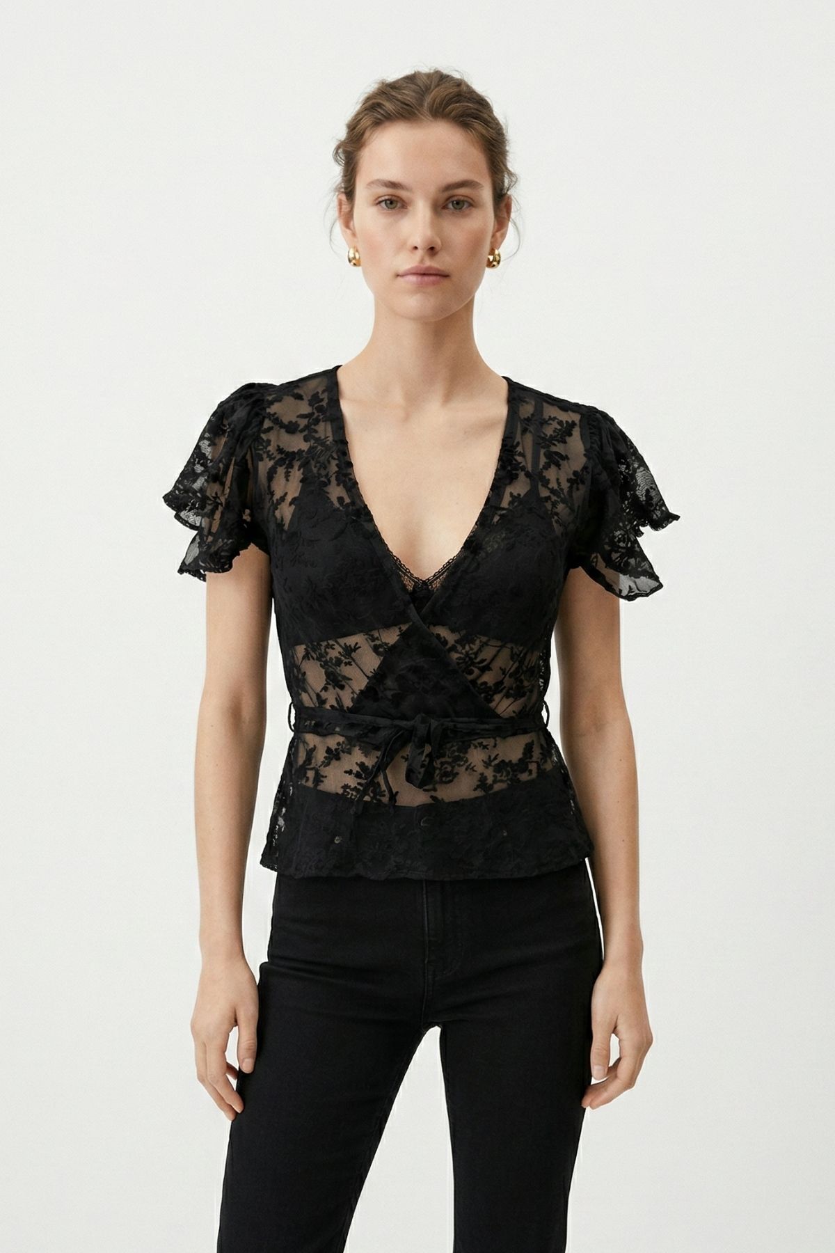 Siyah Yandan Bağlamalı Dantelli Bluz 0148 - RAYS