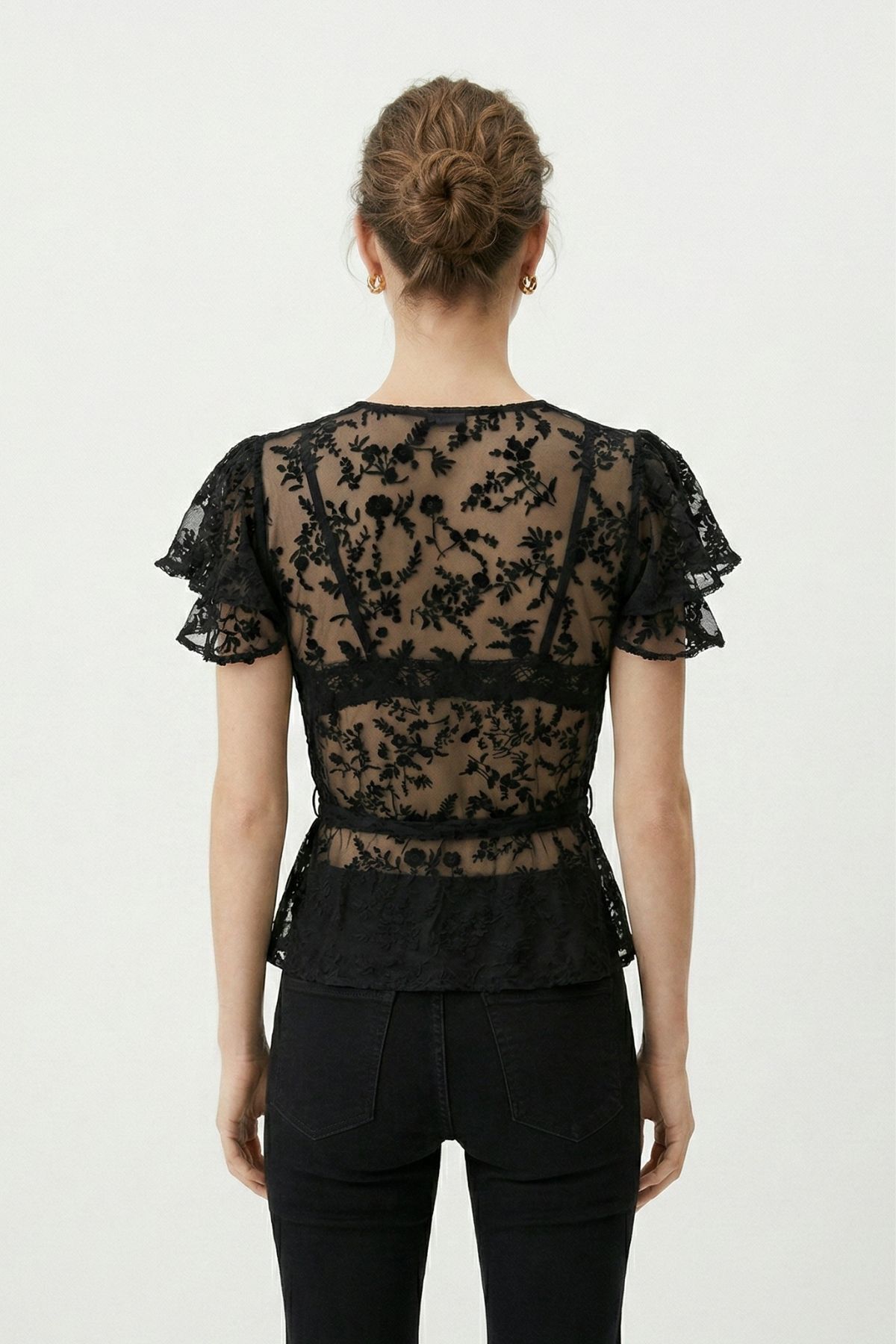 Siyah Yandan Bağlamalı Dantelli Bluz 0148 - RAYS