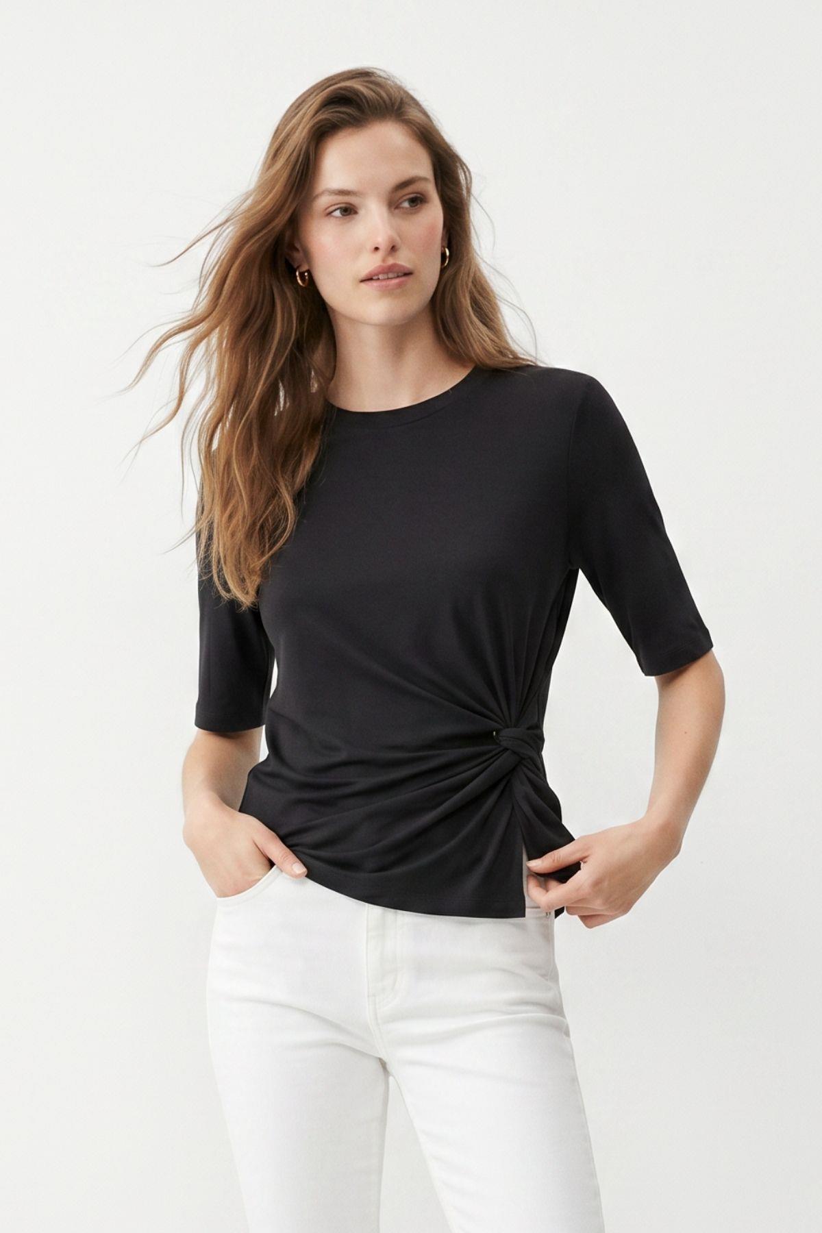 Yandan Bağlamalı Kısa Kol Tişört3660 Siyah - RAYS