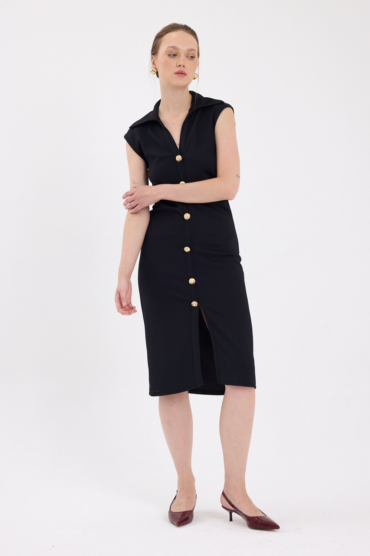 Siyah Yanları Büzgülü Kolsuz Gömlek Midi Elbise 8117A - 7